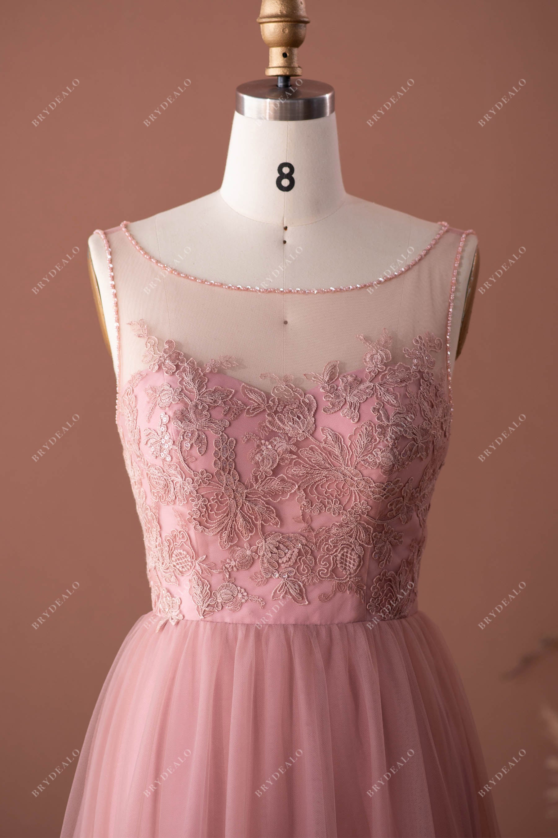 Vintage Mauve Illusion Neckline Lace Tulle Bridesmaid Dress