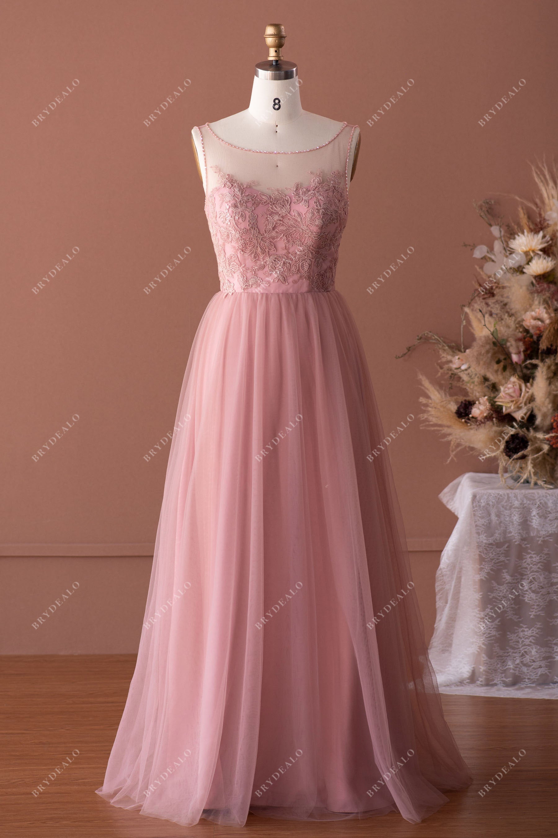 Wholesale sample sale Vintage Mauve Lace Tulle Bridesmaid Dress