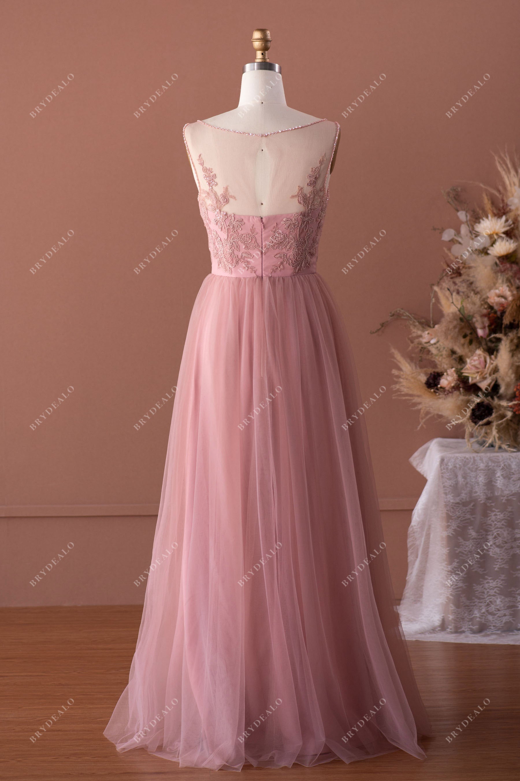 Mauve Keyhole Illusion Back Beaded Lace Tulle Sample Sale Bridesmaid Dress