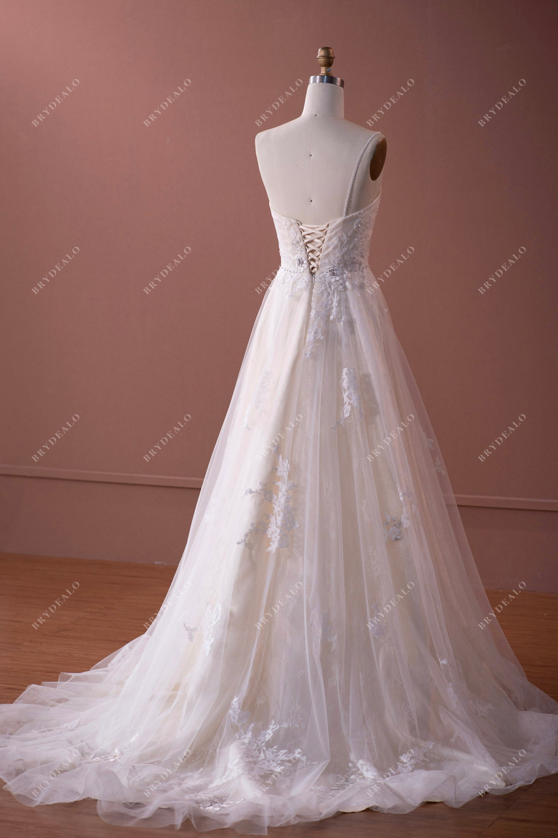 Lace-up Back Beaded One Shoulder Lace Tulle Long Wedding Dress