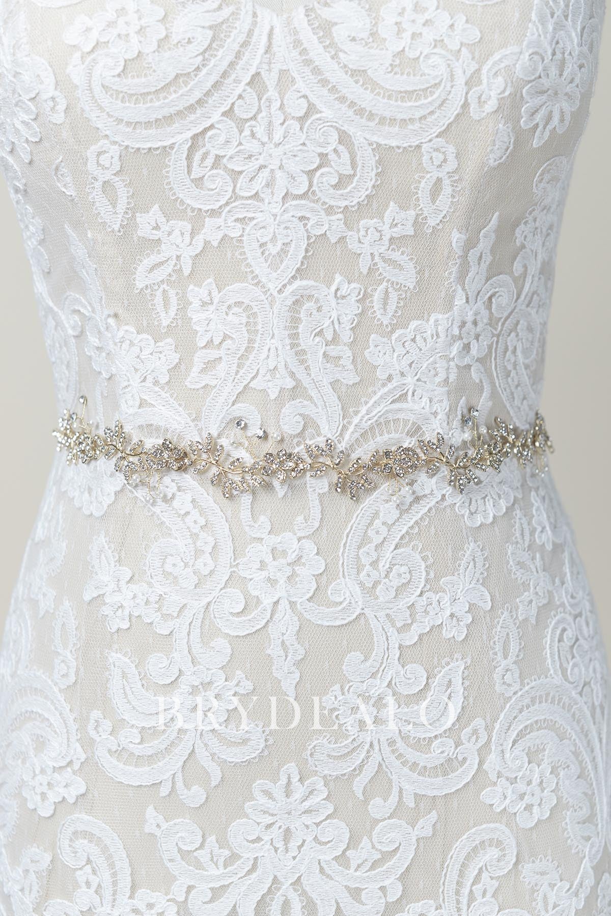 Wholesale Golden Vine Bridal Sash with Crystals and Pearls