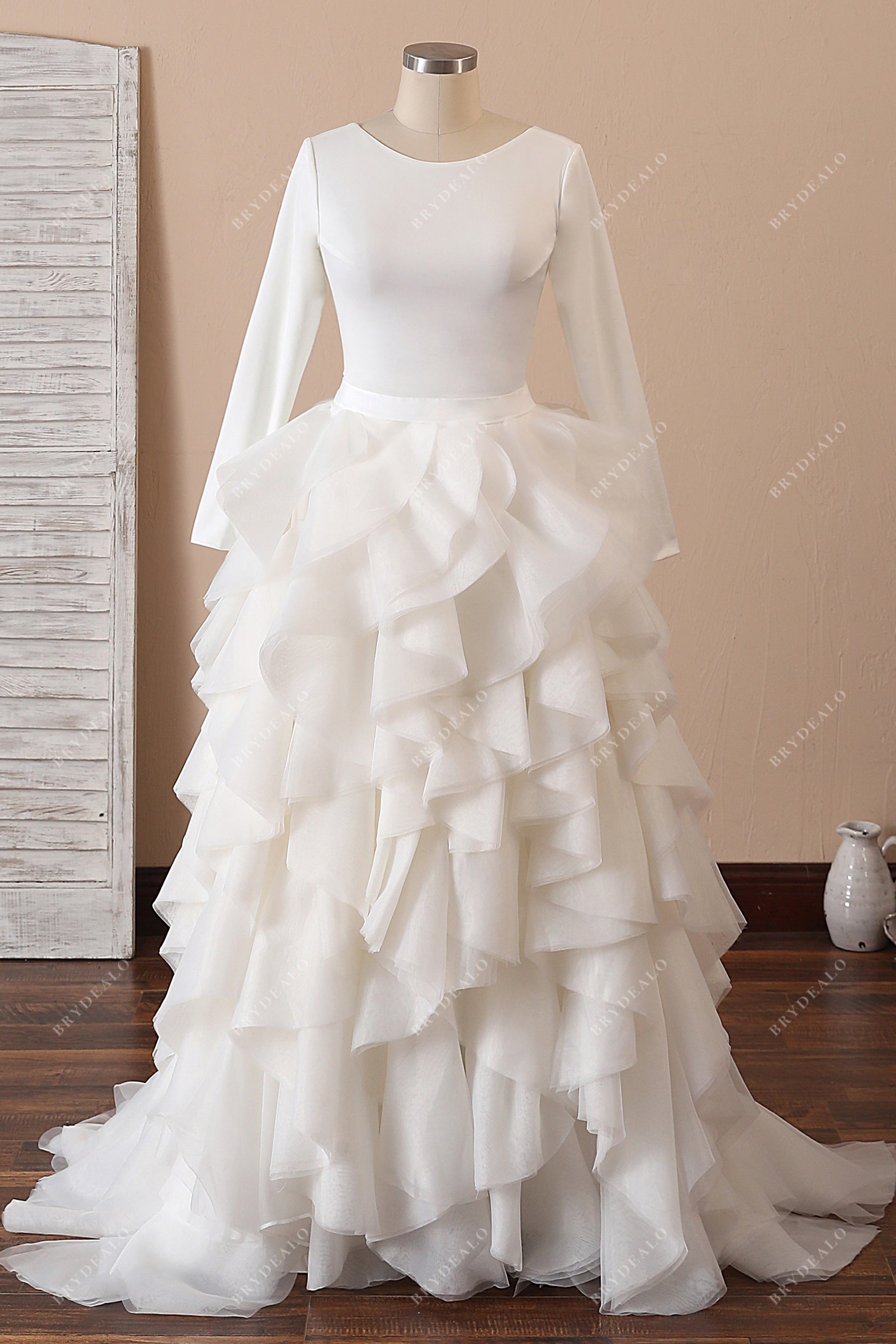 wholesale ivory crepe sleeved ruffled organza bridal gown