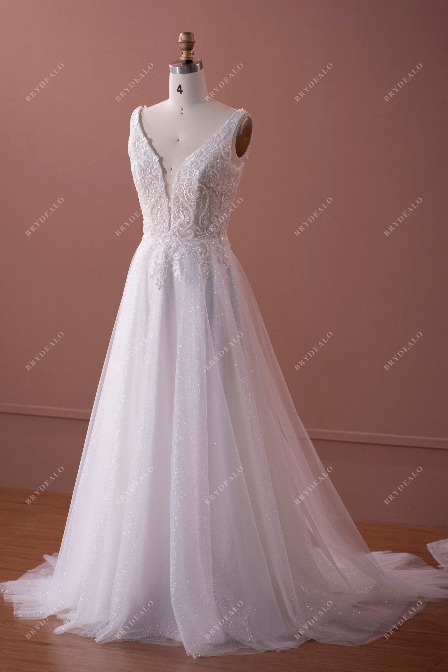 Wholesale Beaded Lace Plunging Shimmery Sequined A-line Wedding Dress Sample Sale