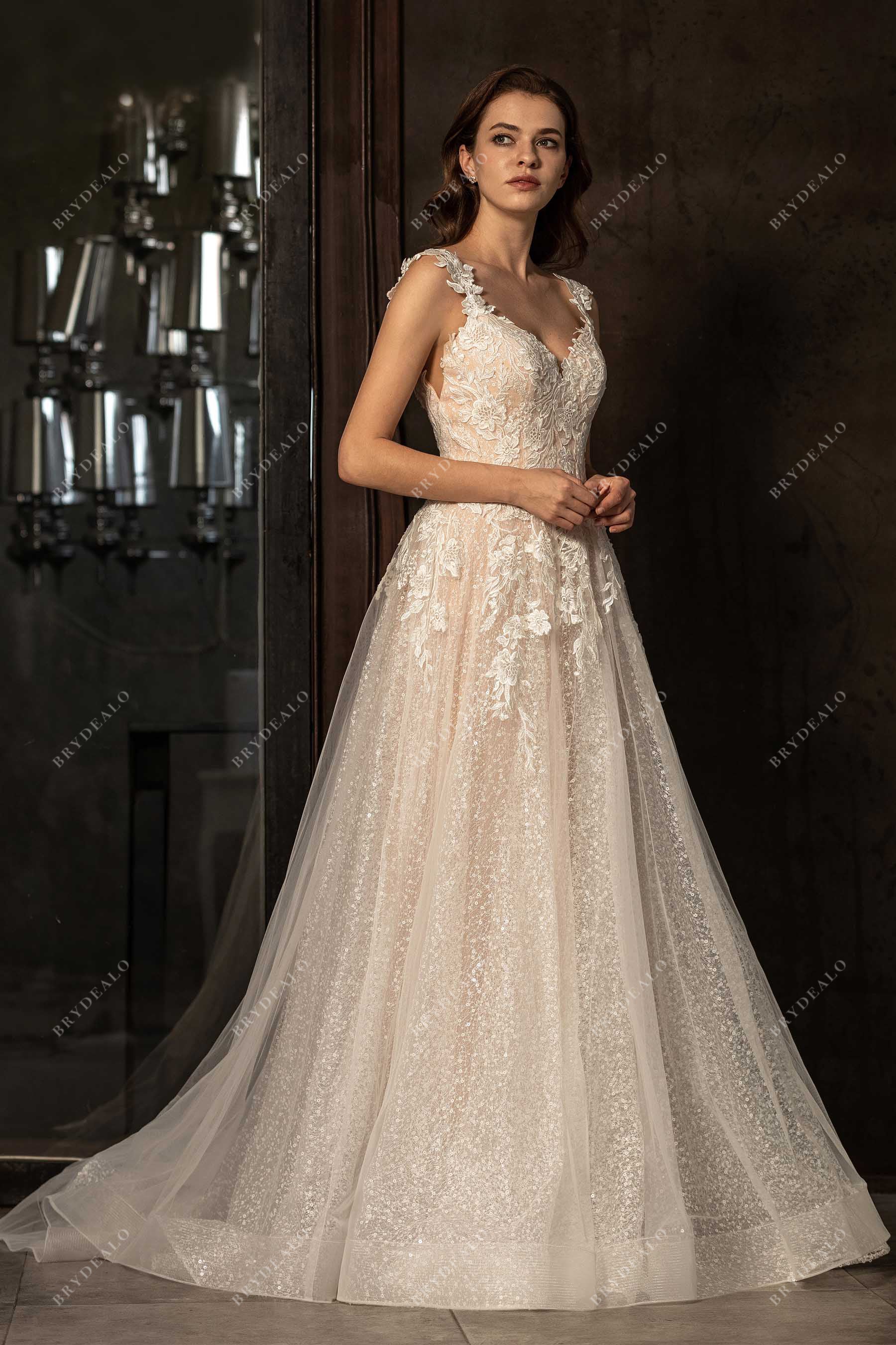 Wholesale Romantic Light Ivory Strap Lace-Tulle A-line Wedding Dress with Court Train