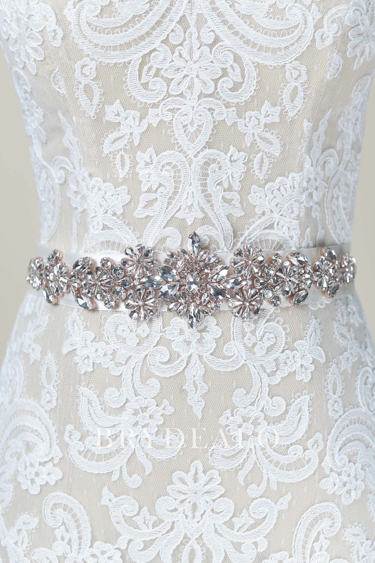 Wholesale Shiny Ivory Satin Bridal Sash with Silver Rhinestone and Rose Gold Backing