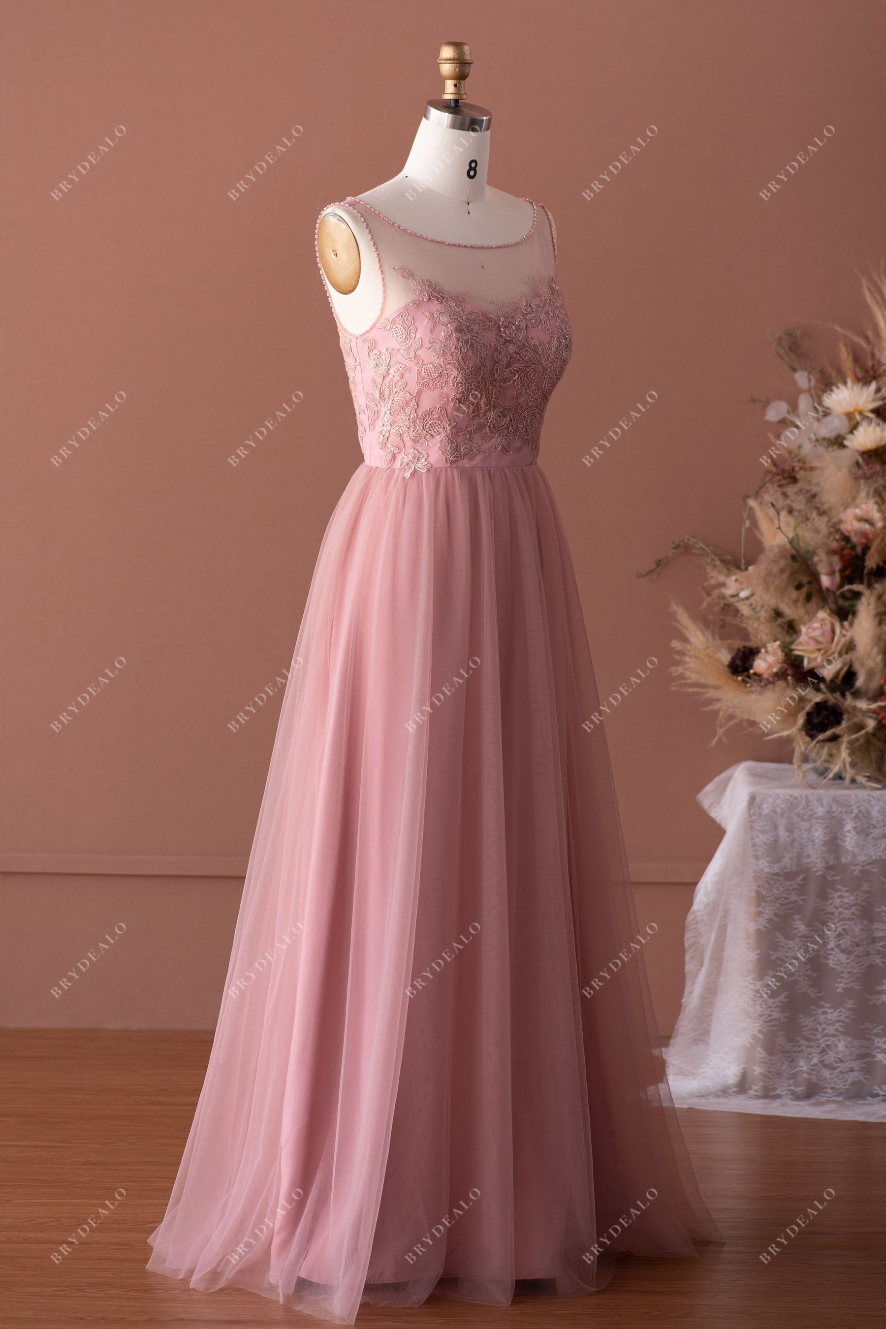 Vintage Mauve Keyhole Back Lace Tulle Floor Length Bridesmaid Dress
