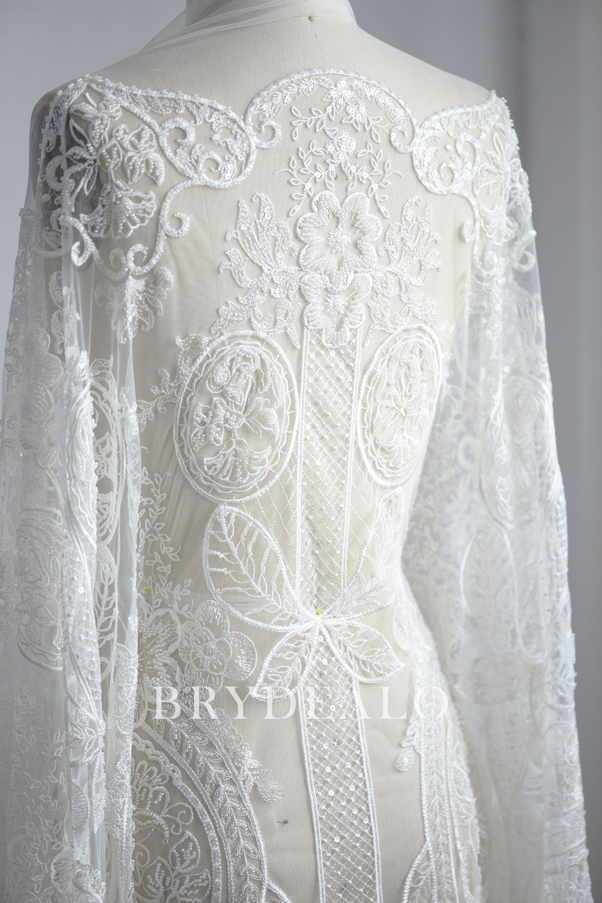 Abstract Beaded  Border Bridal Lace Fabric
