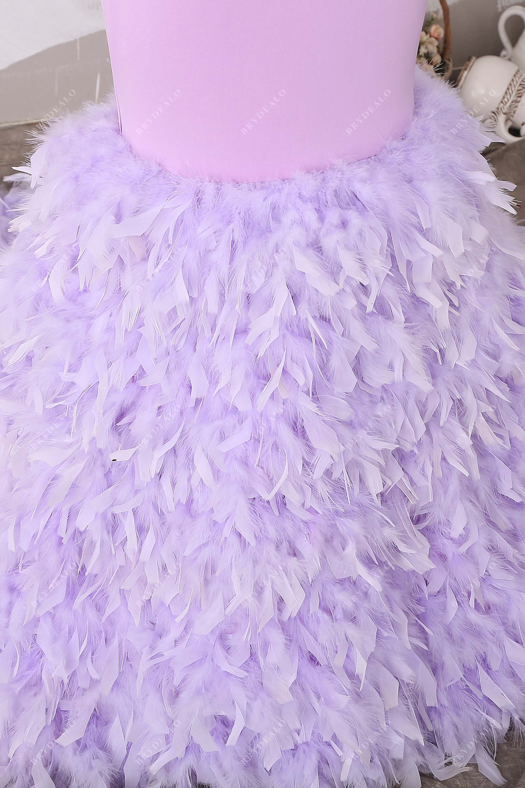 allover feathers trumpet lilac prom dress