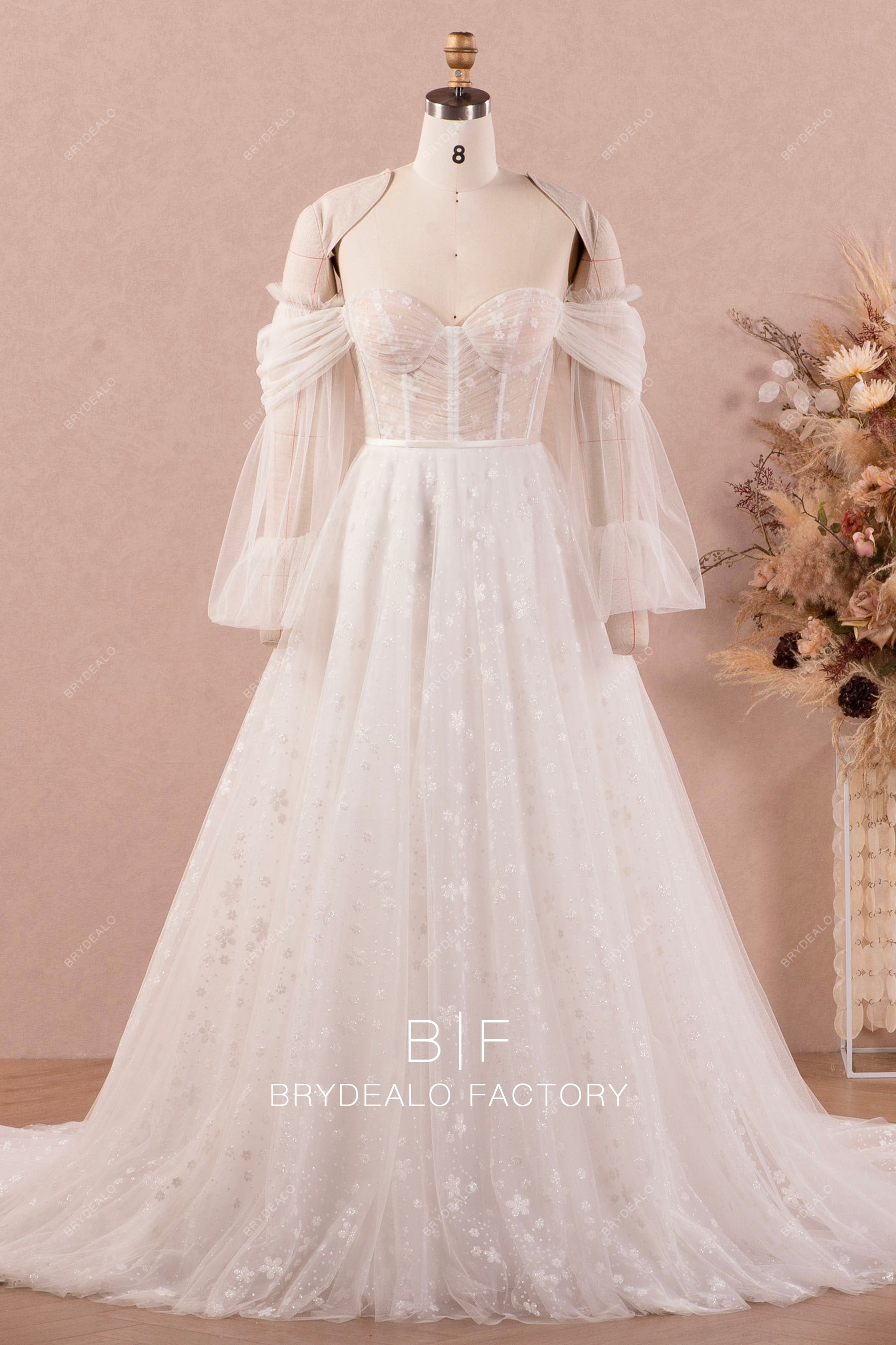 allover sleeved sweetheart corset A-line wedding dress