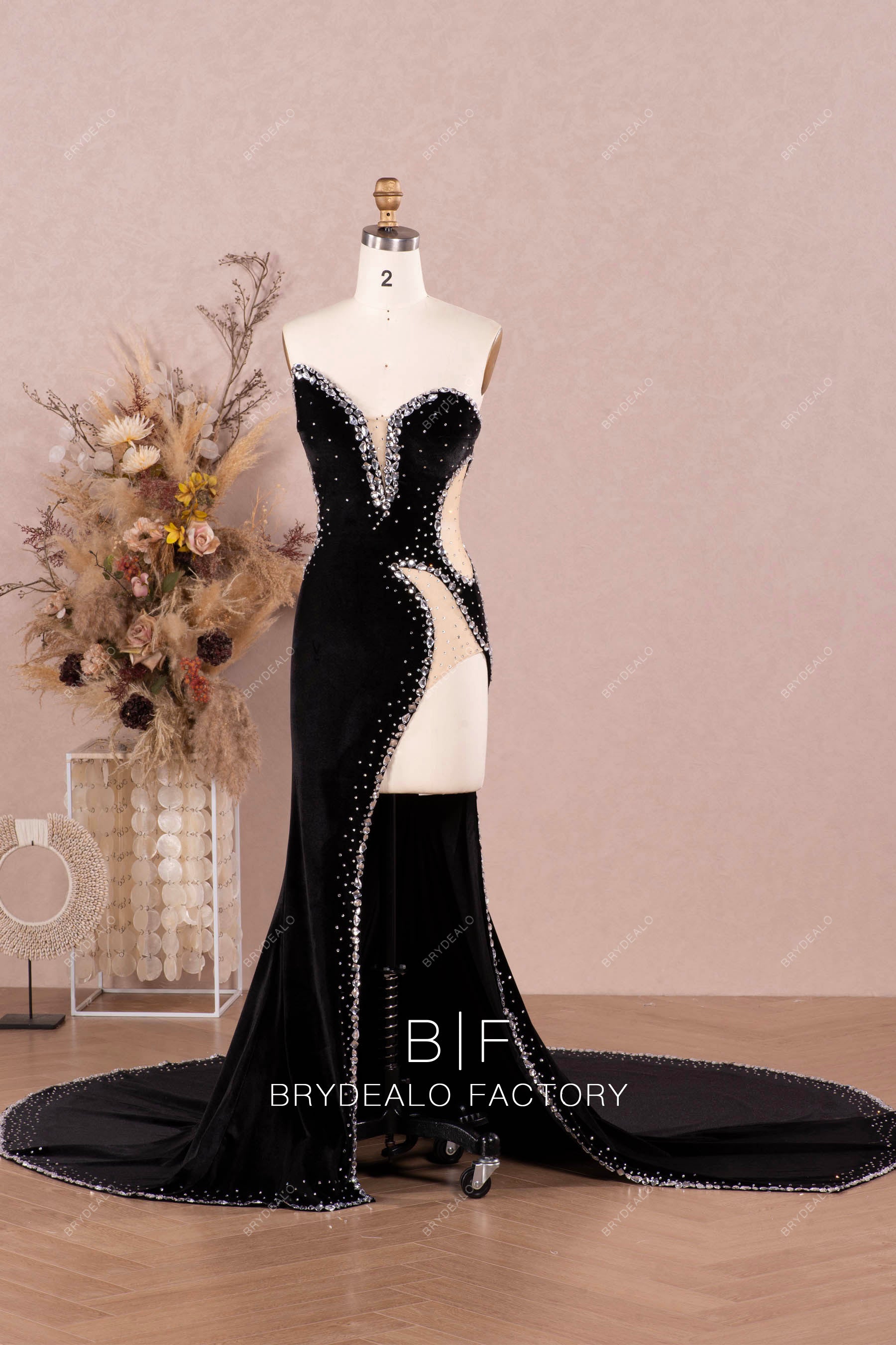 asymmetric strapless high slit velvet prom dress