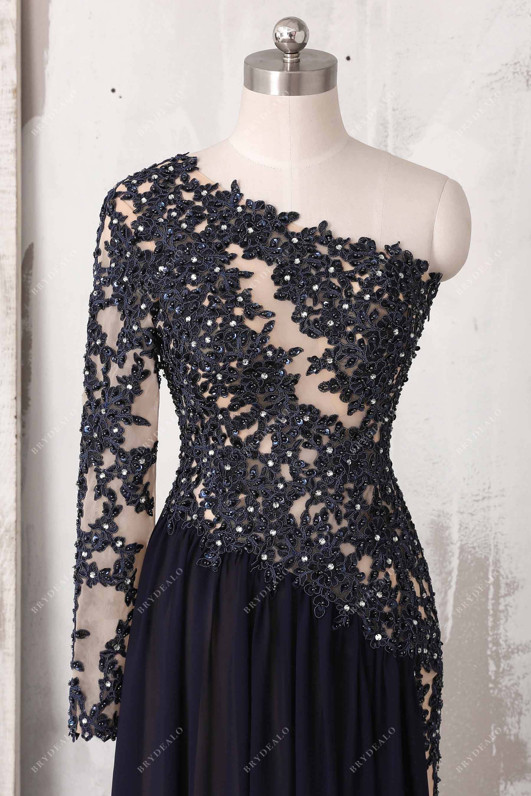 asymmetrical neck lace prom dress