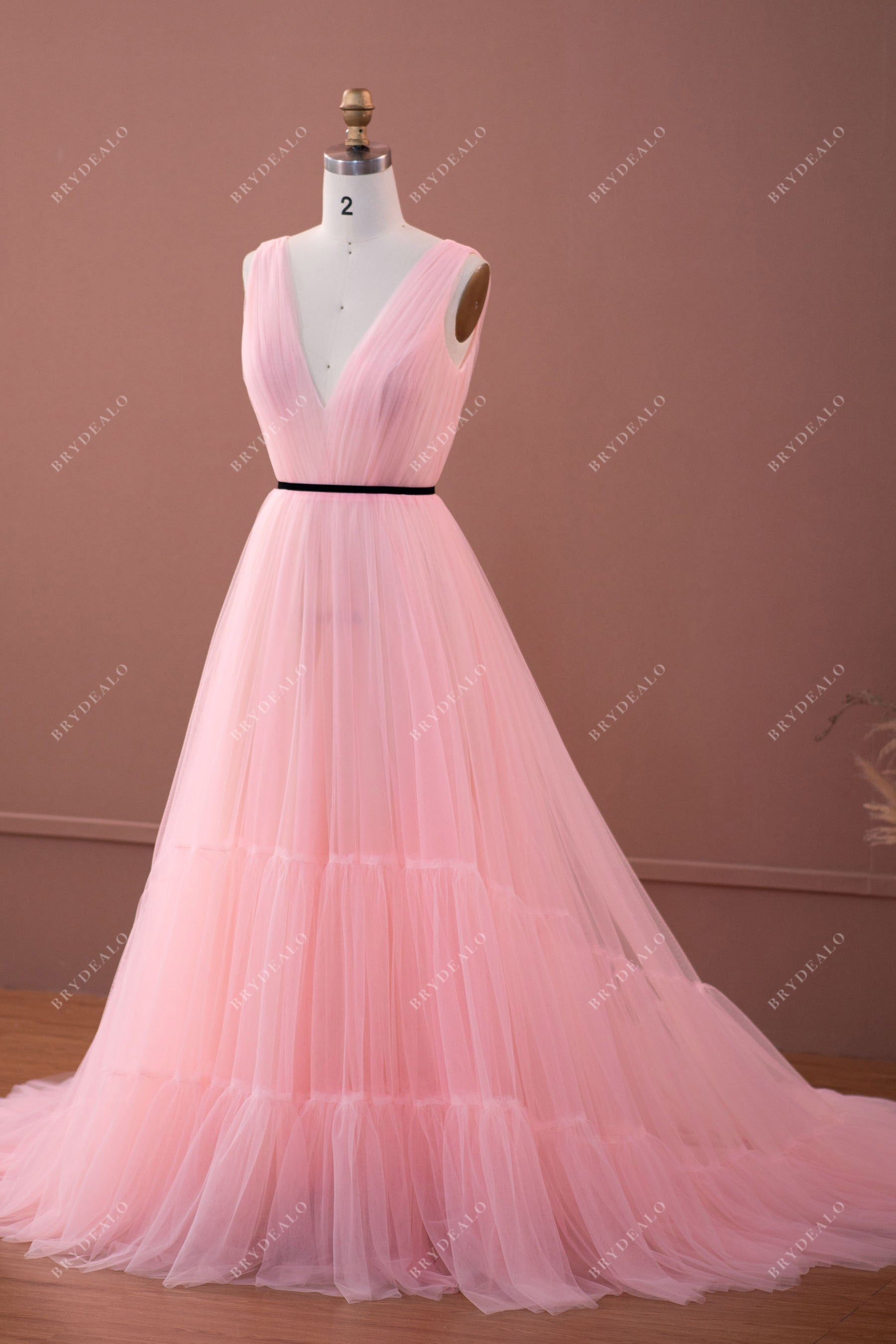 Baby Pink Pleated Tiered Tulle Formal Prom Dress