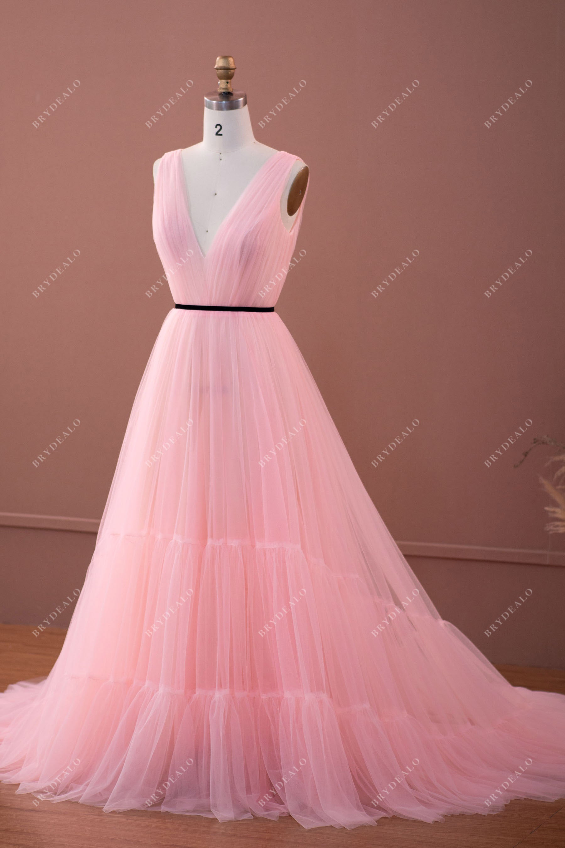 baby pink pleated bodice tiered tulle A-line formal gown
