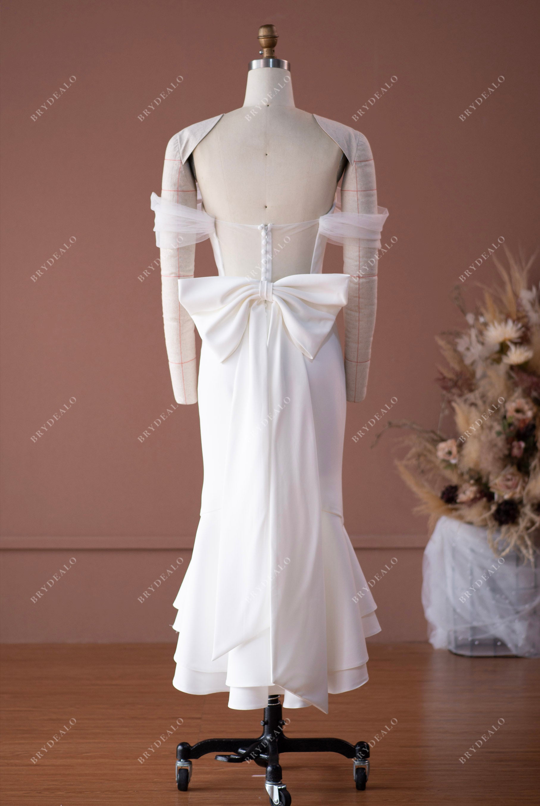 detachable back bow off-shoulder tea length fishtail bridal dress for wholesale