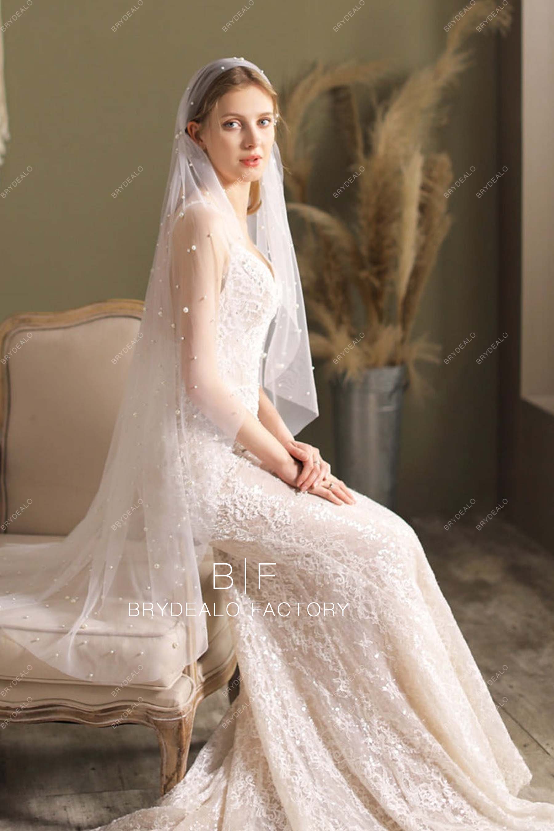 Ballet Length Veil Wholesale Pearls Wedding Cap Veil