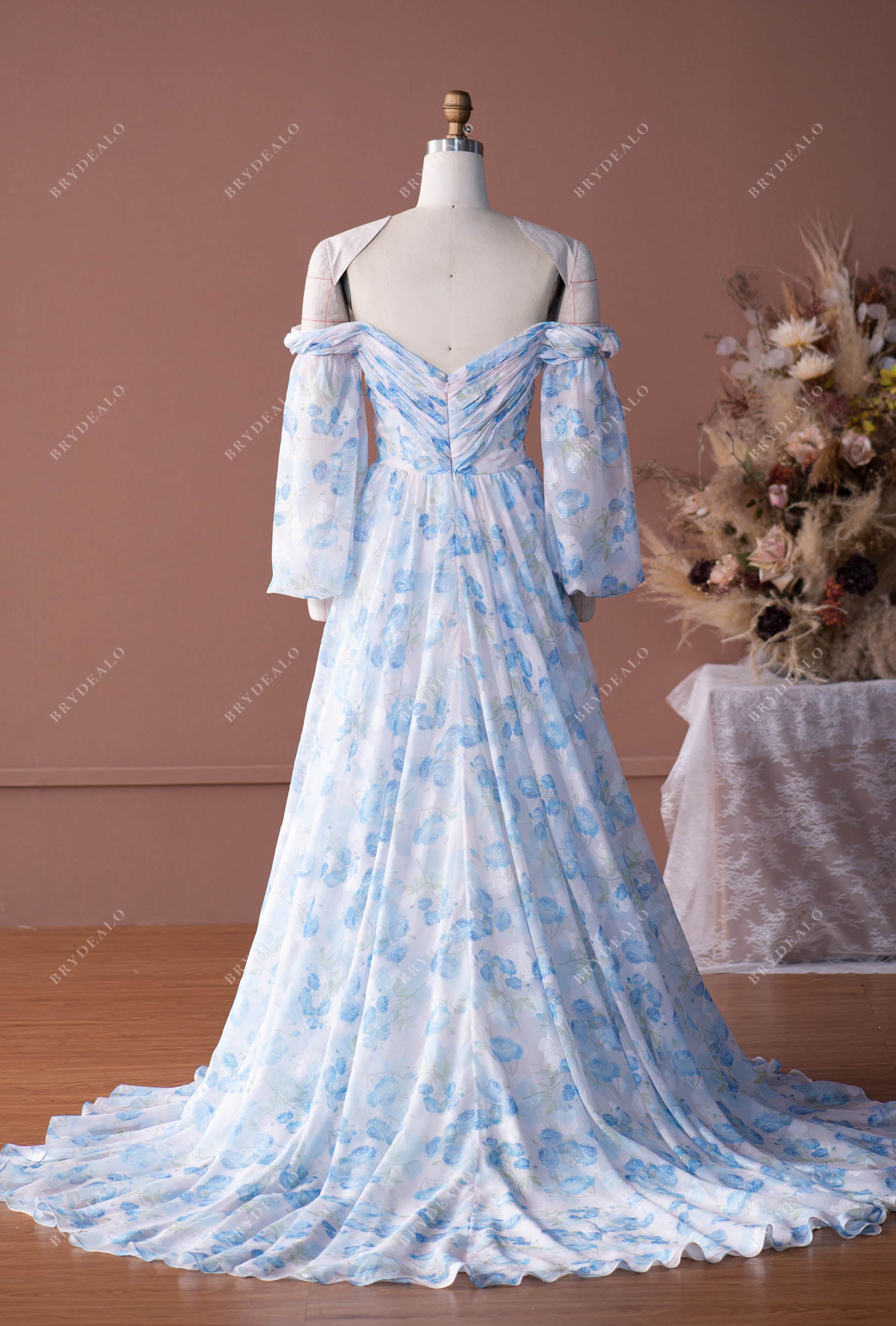 Sleeves Pleated Flowing Floral Chiffon A-line Wedding Dress