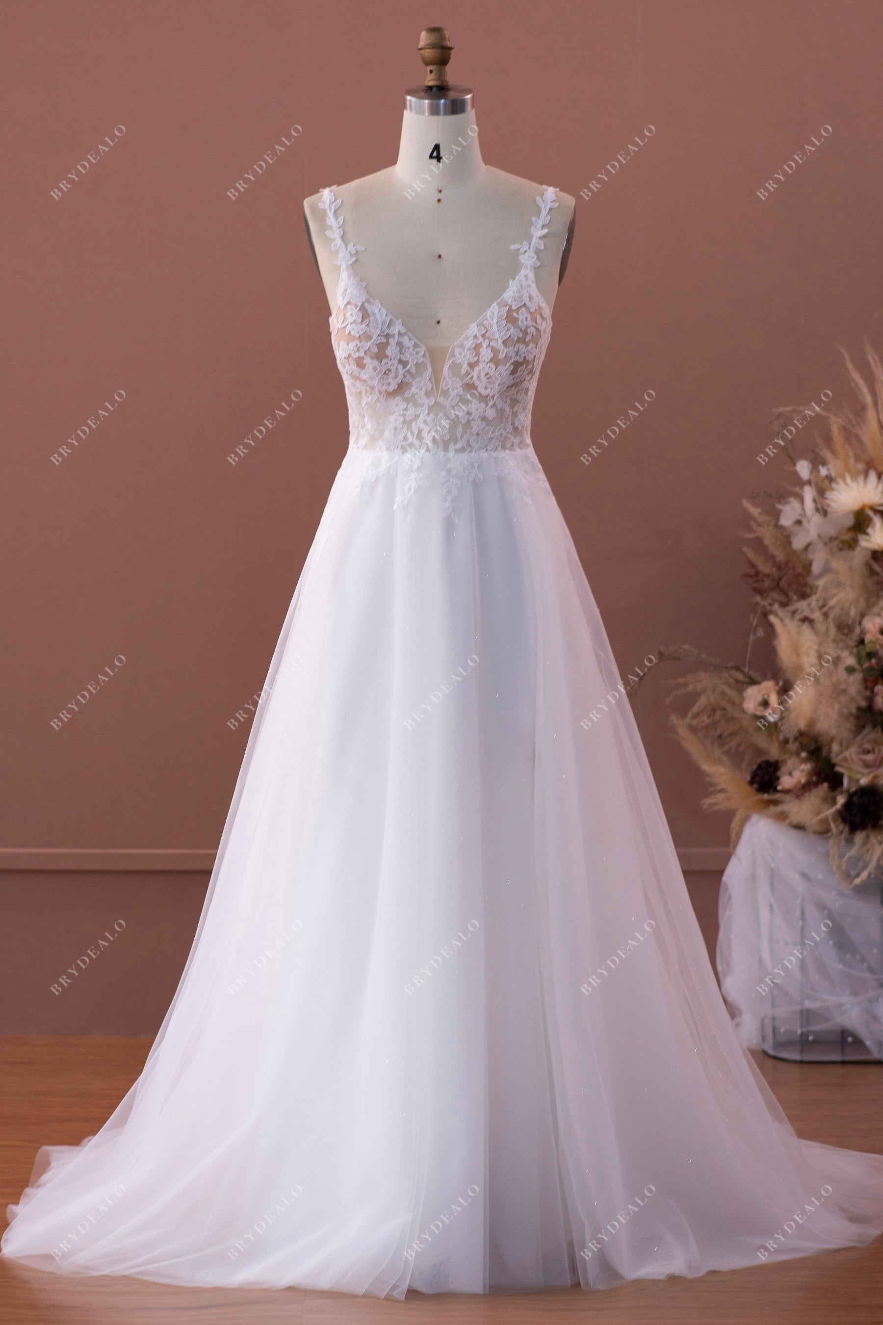 beach lace tulle wedding dress with slit