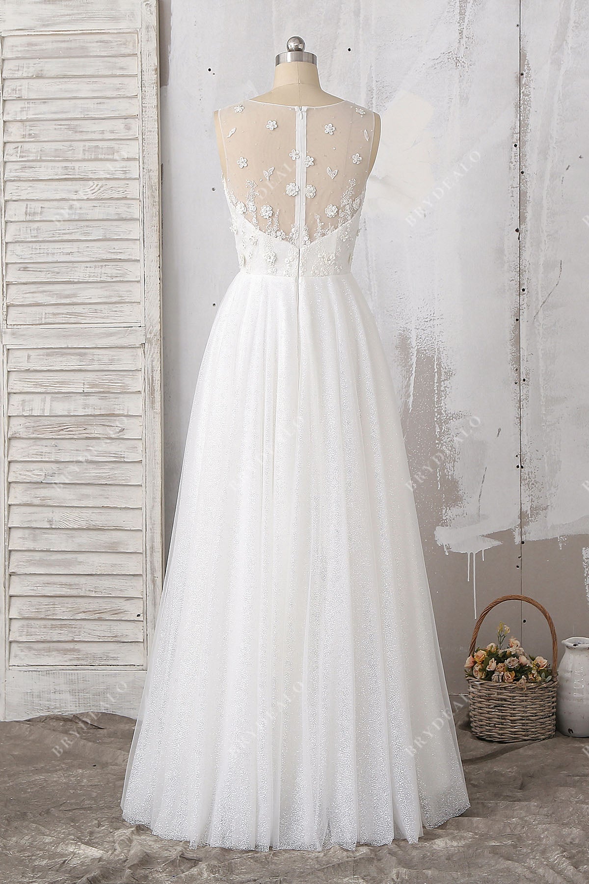 beaded floral lace glitter illusion back floor length wedding gown