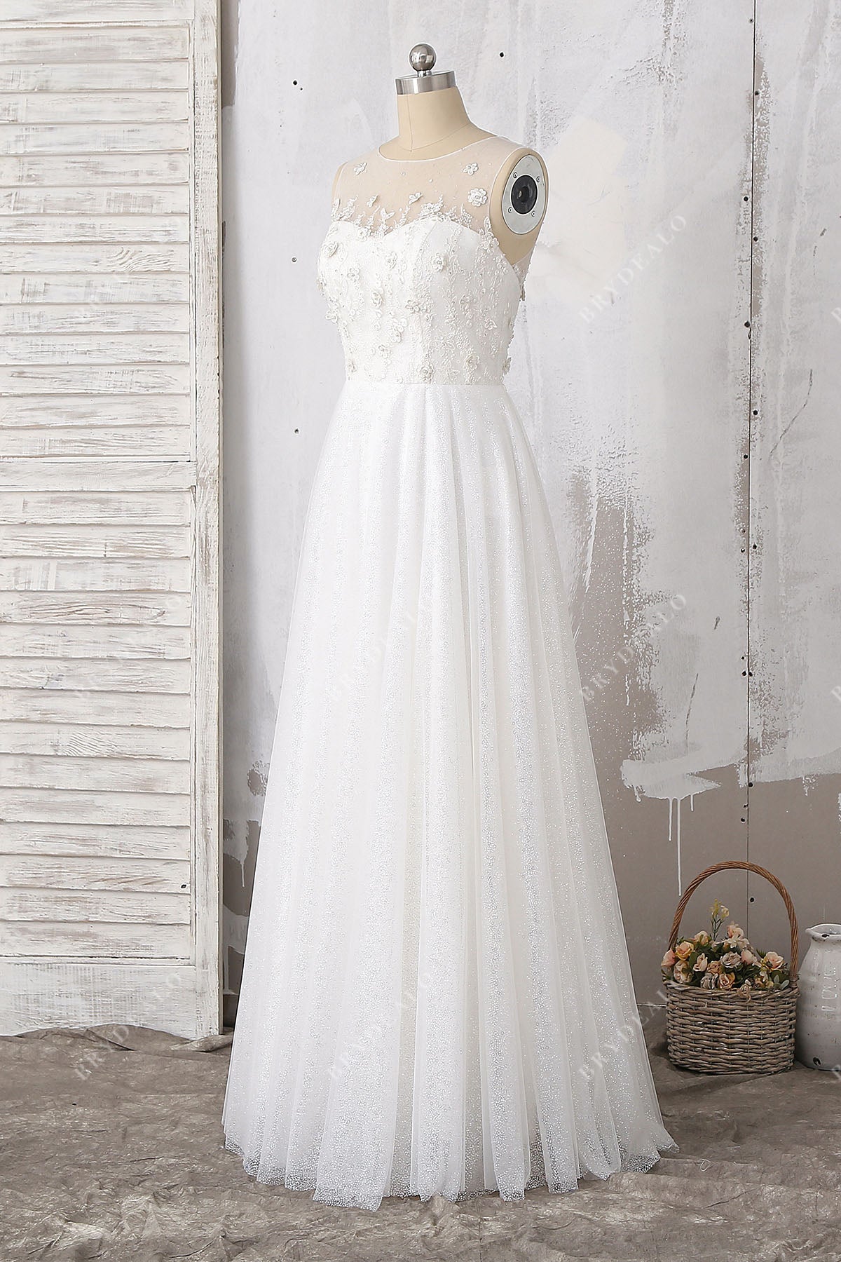 beaded floral lace glitter illusion neck A-line bridal dress