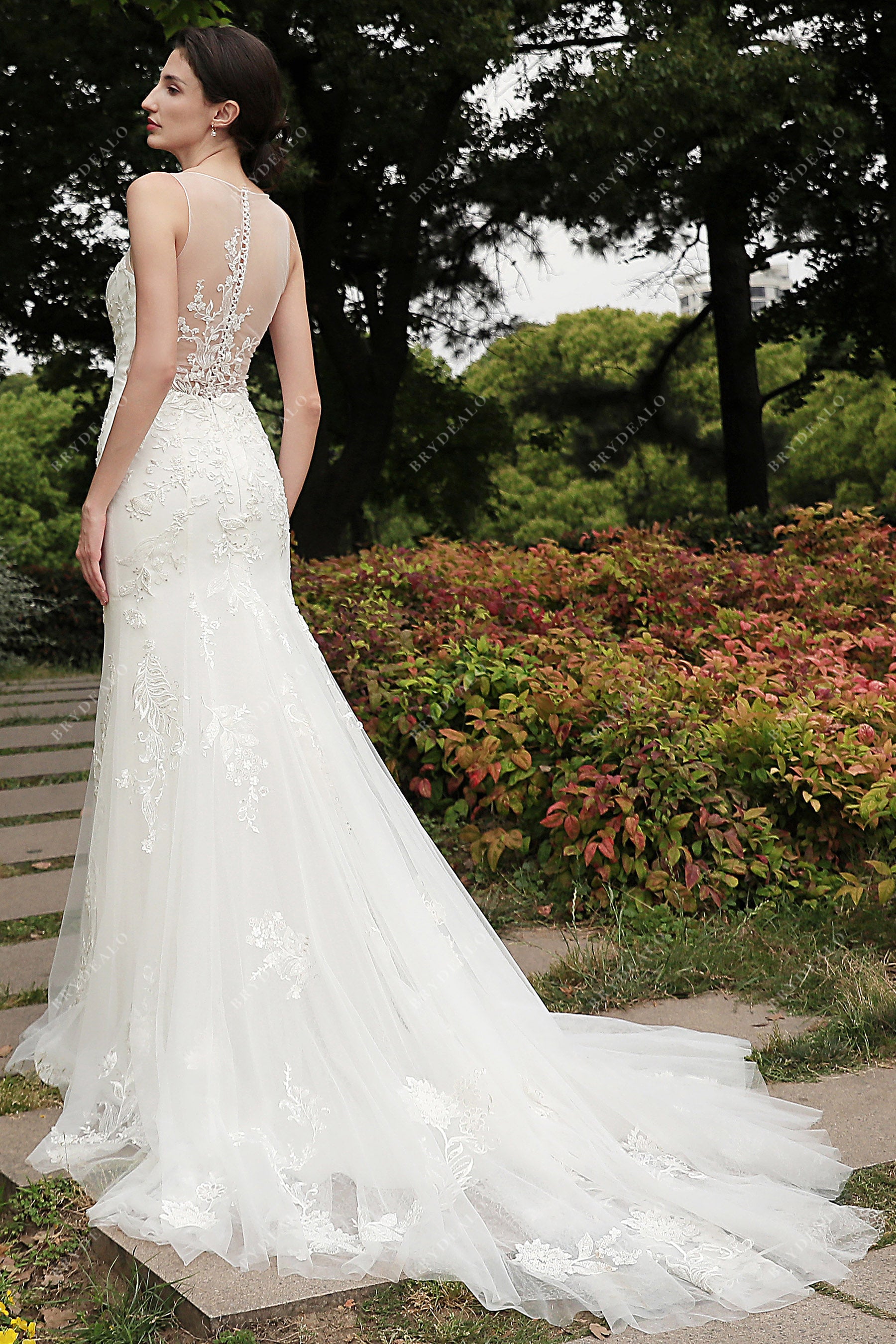 beaded floral lace open back wedding dress