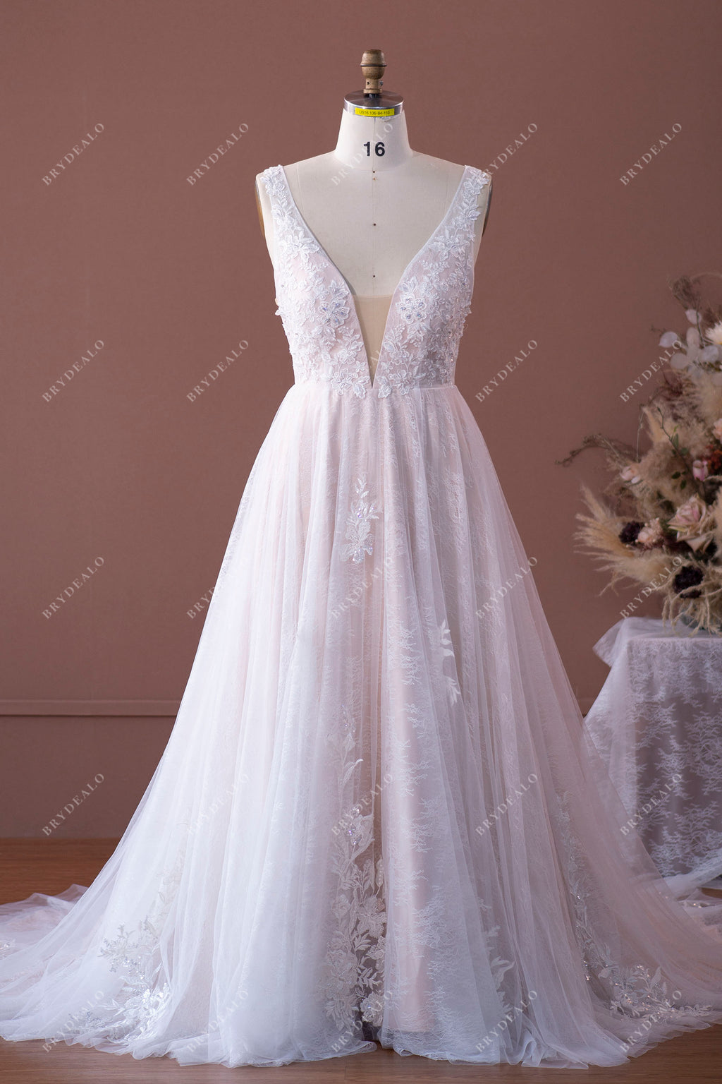 Beaded Floral Lace Plunging A-line Wedding Dress
