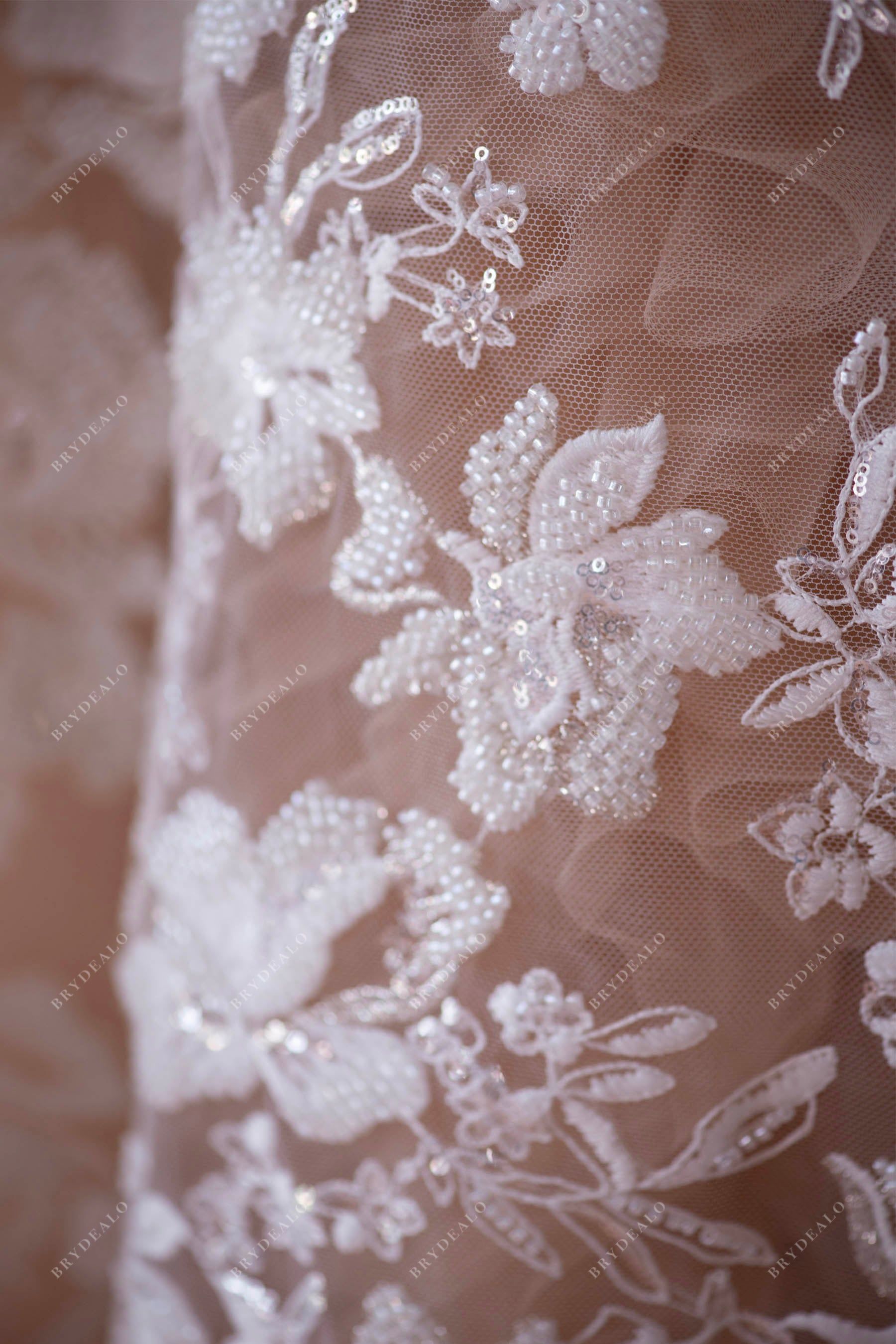 beaded flower bridal lace fabric for wholesale