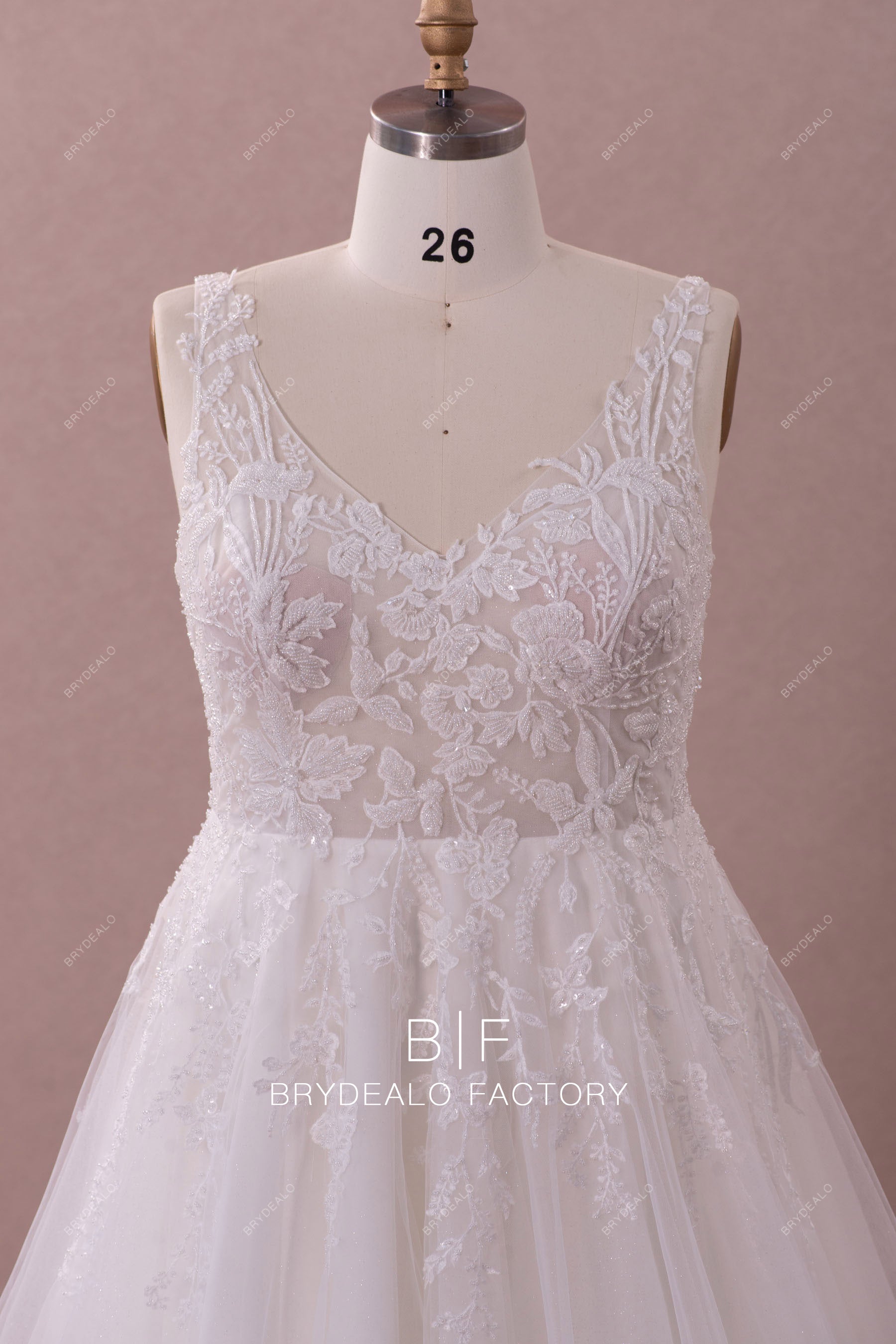 beaded flower lace strap wedding dress
