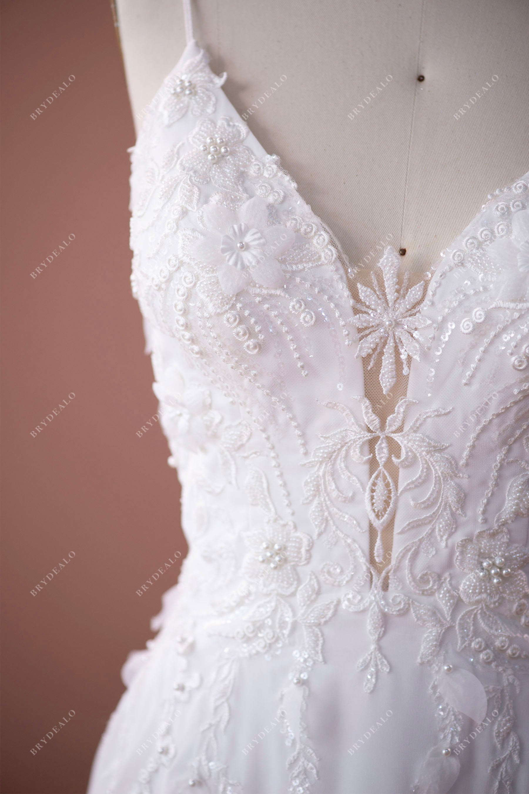 Plunging Hollow Train 3D Flower Lace Boho Wedding Dress