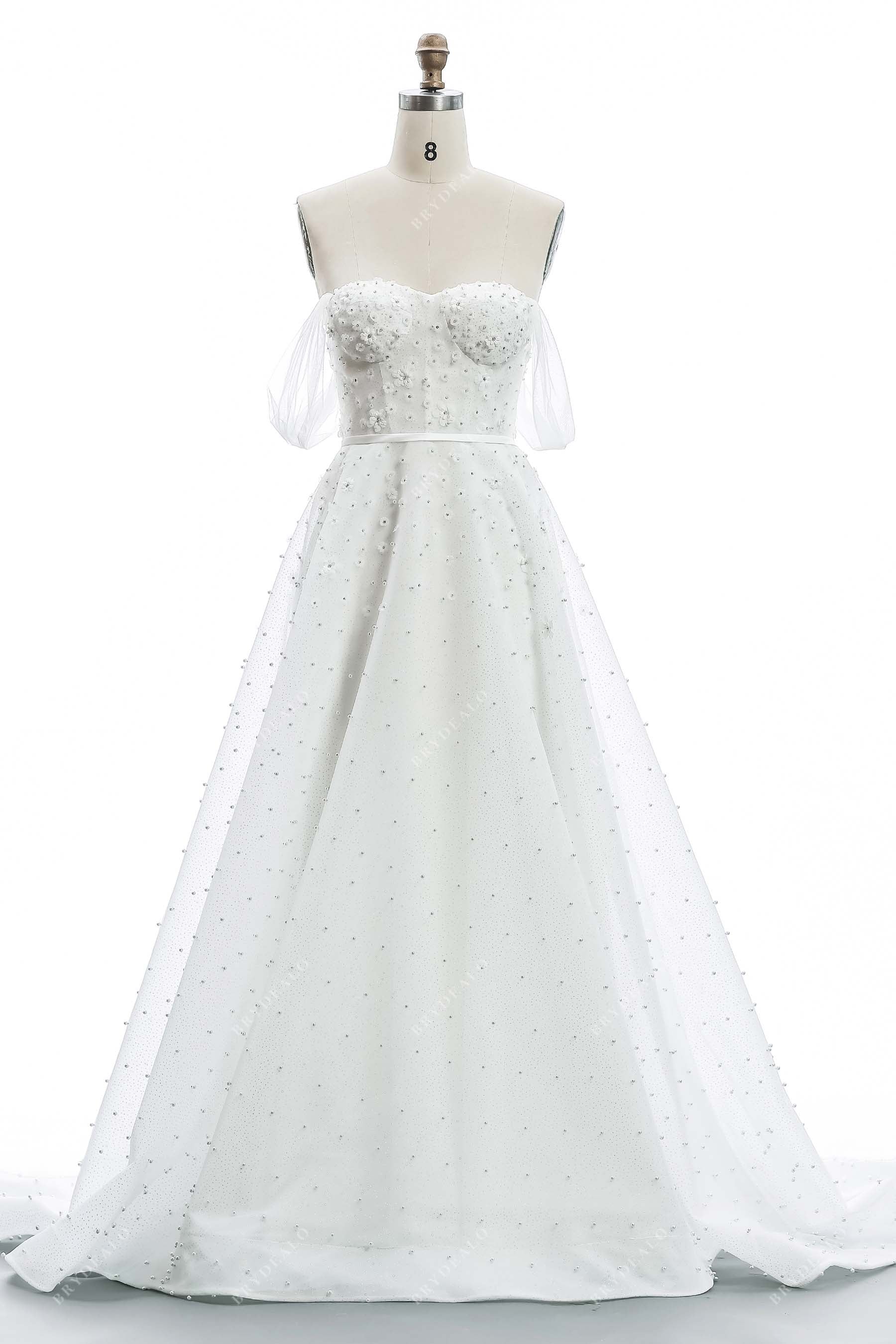 beaded flower pearls off-shoulder sheer sleeve wedding gown