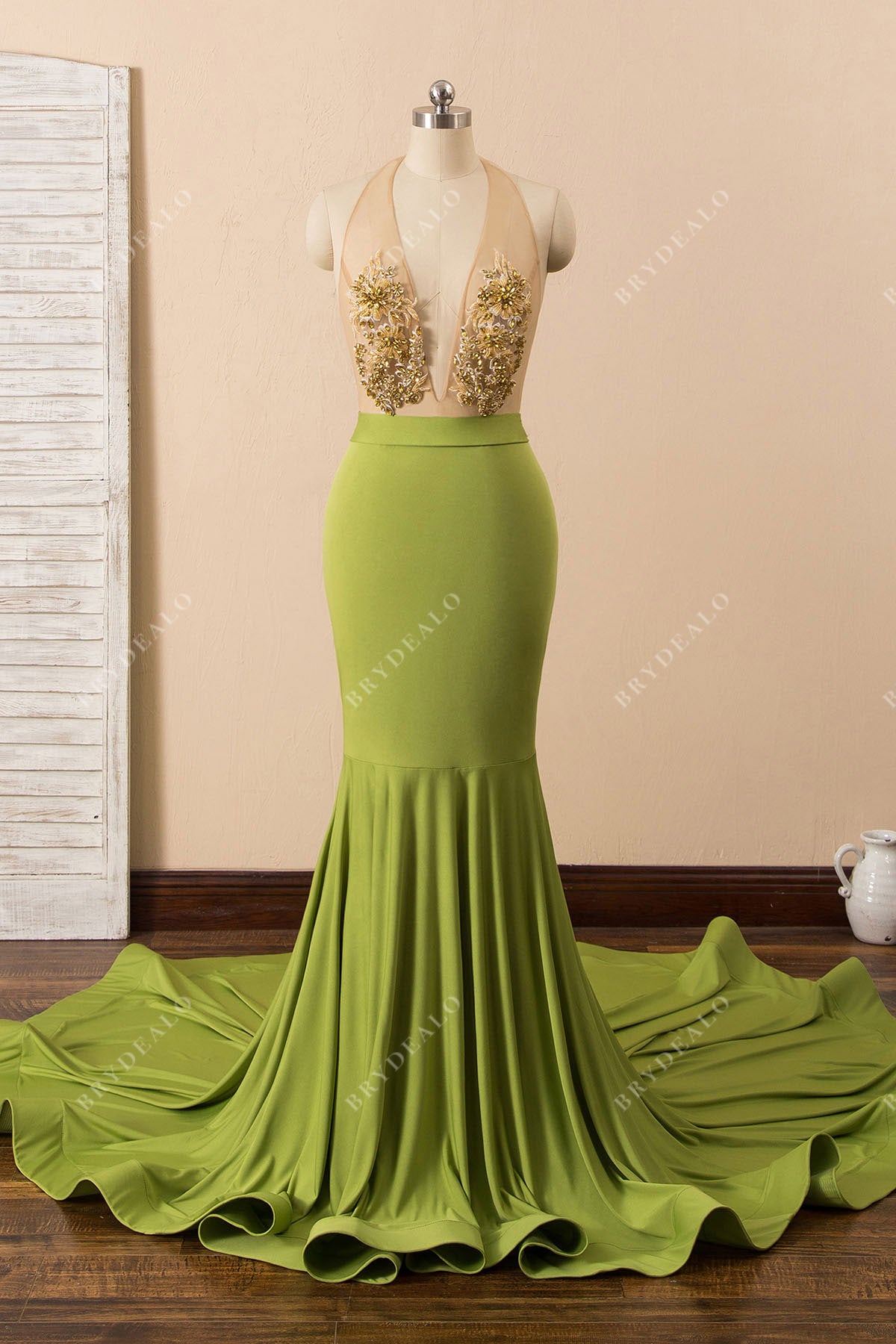 Beaded Moss Green Jersey Mermaid Prom Dress