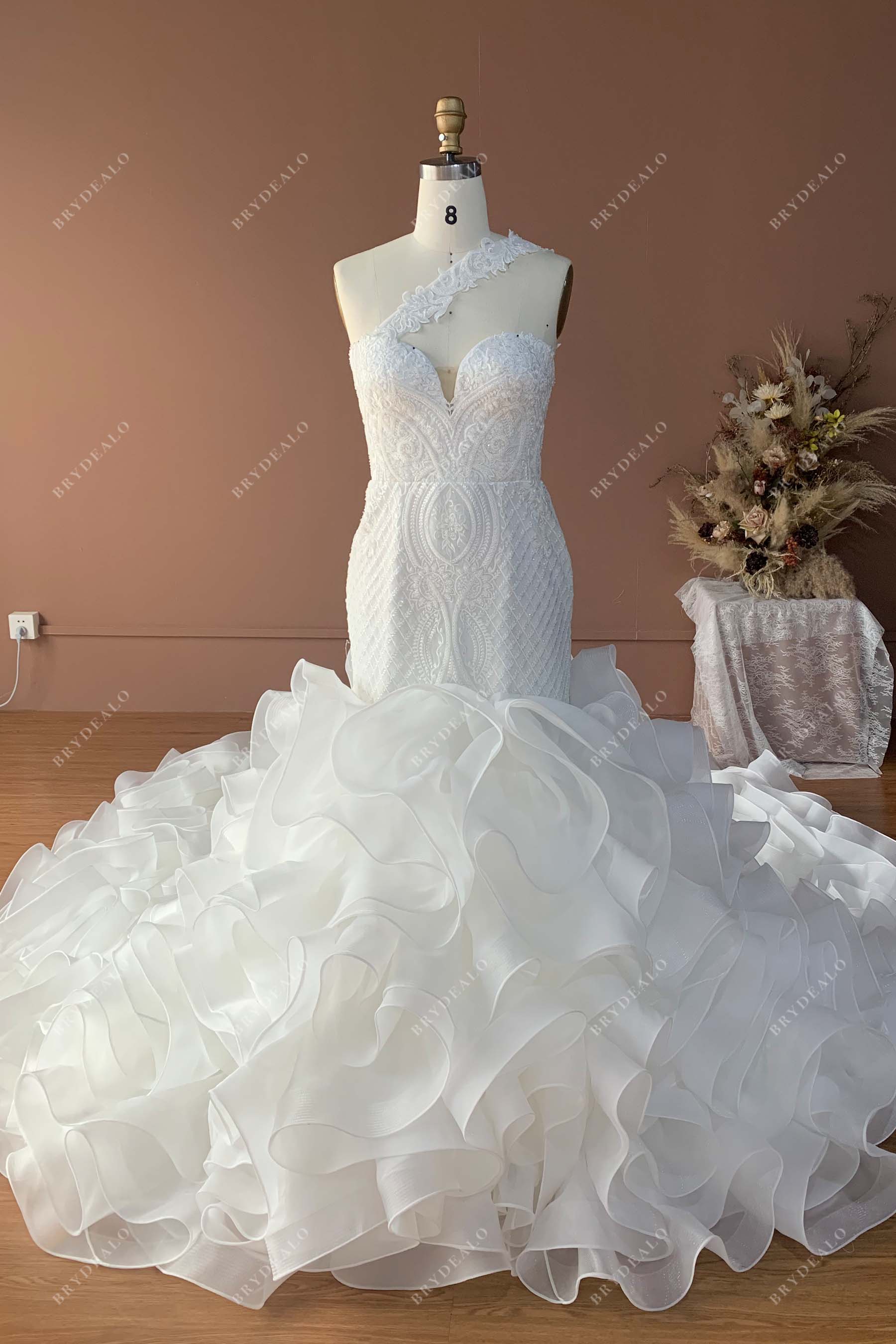 beaded lace corset one shoulder ruffled trumpet wedding dress