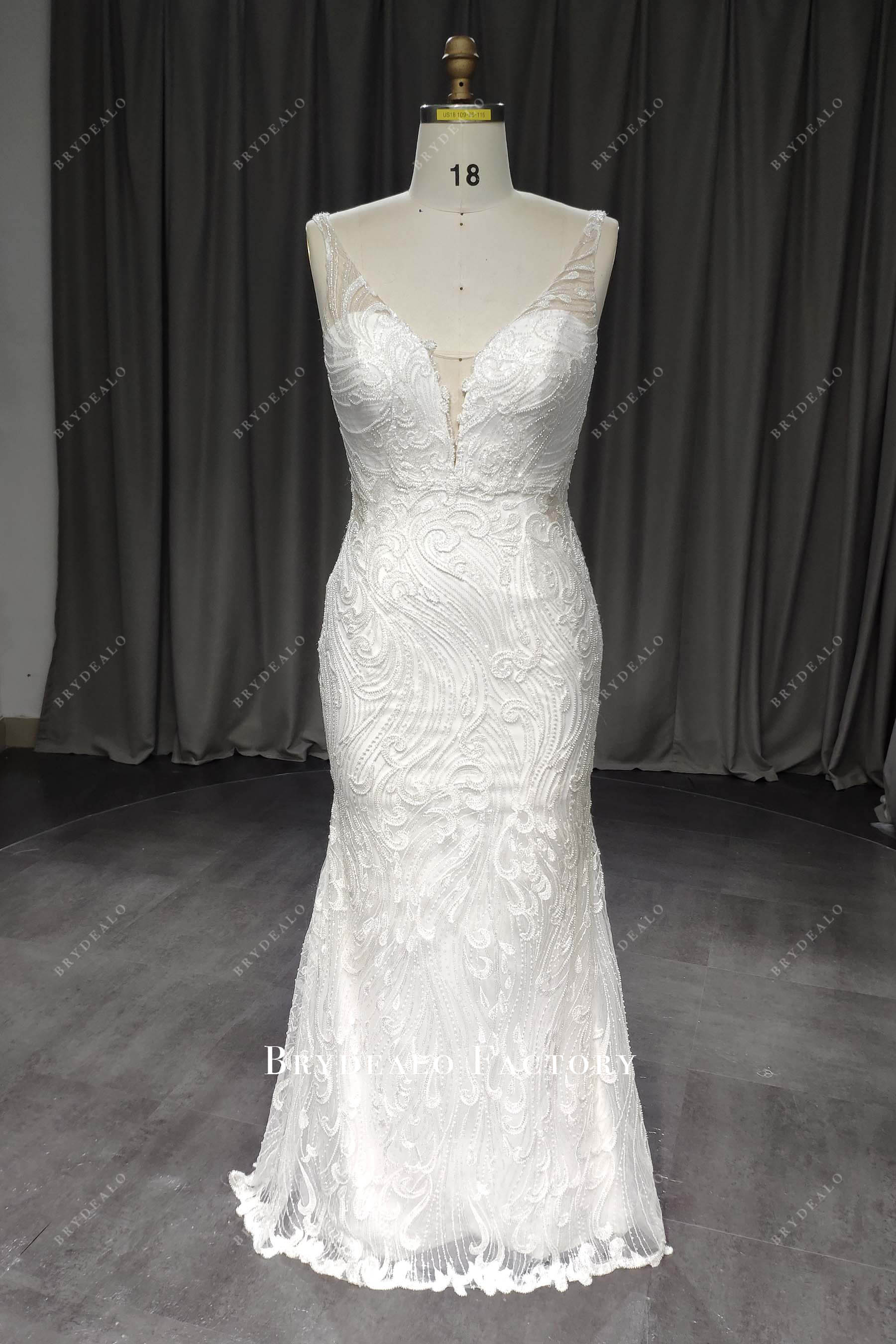 beaded lace floor length fit flare wedding gown