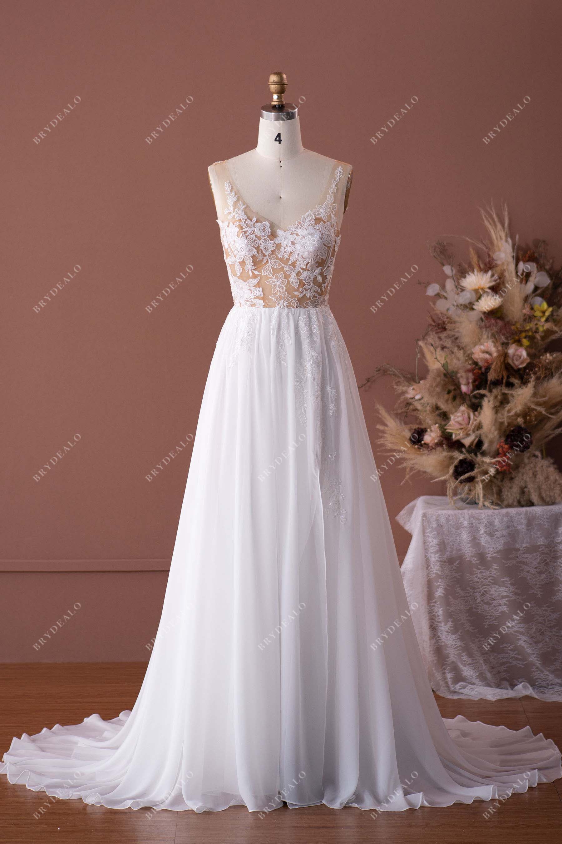 beaded lace illusion chiffon wedding dress