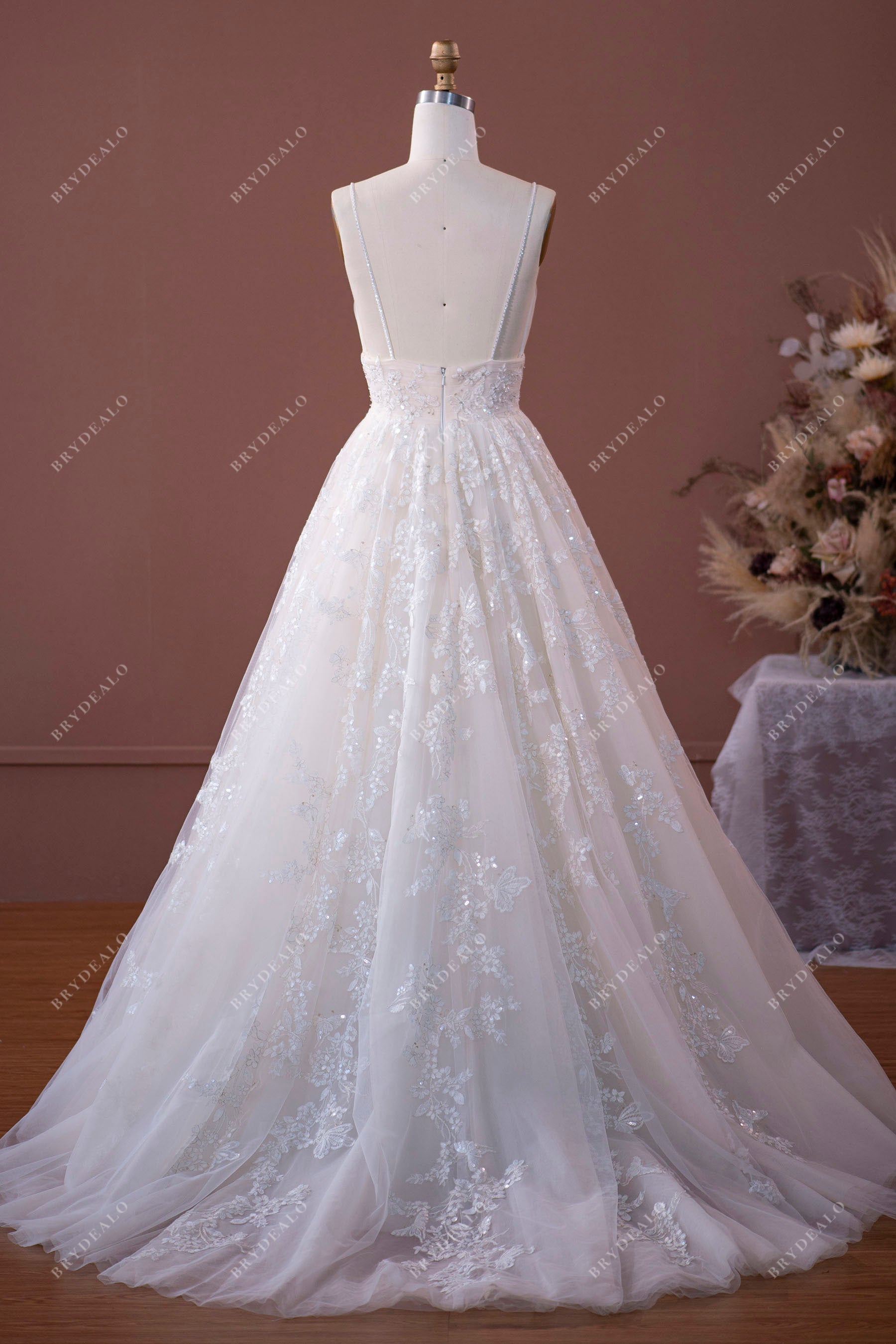 Open Back Spaghetti Strap Floral A-line Wedding Dress