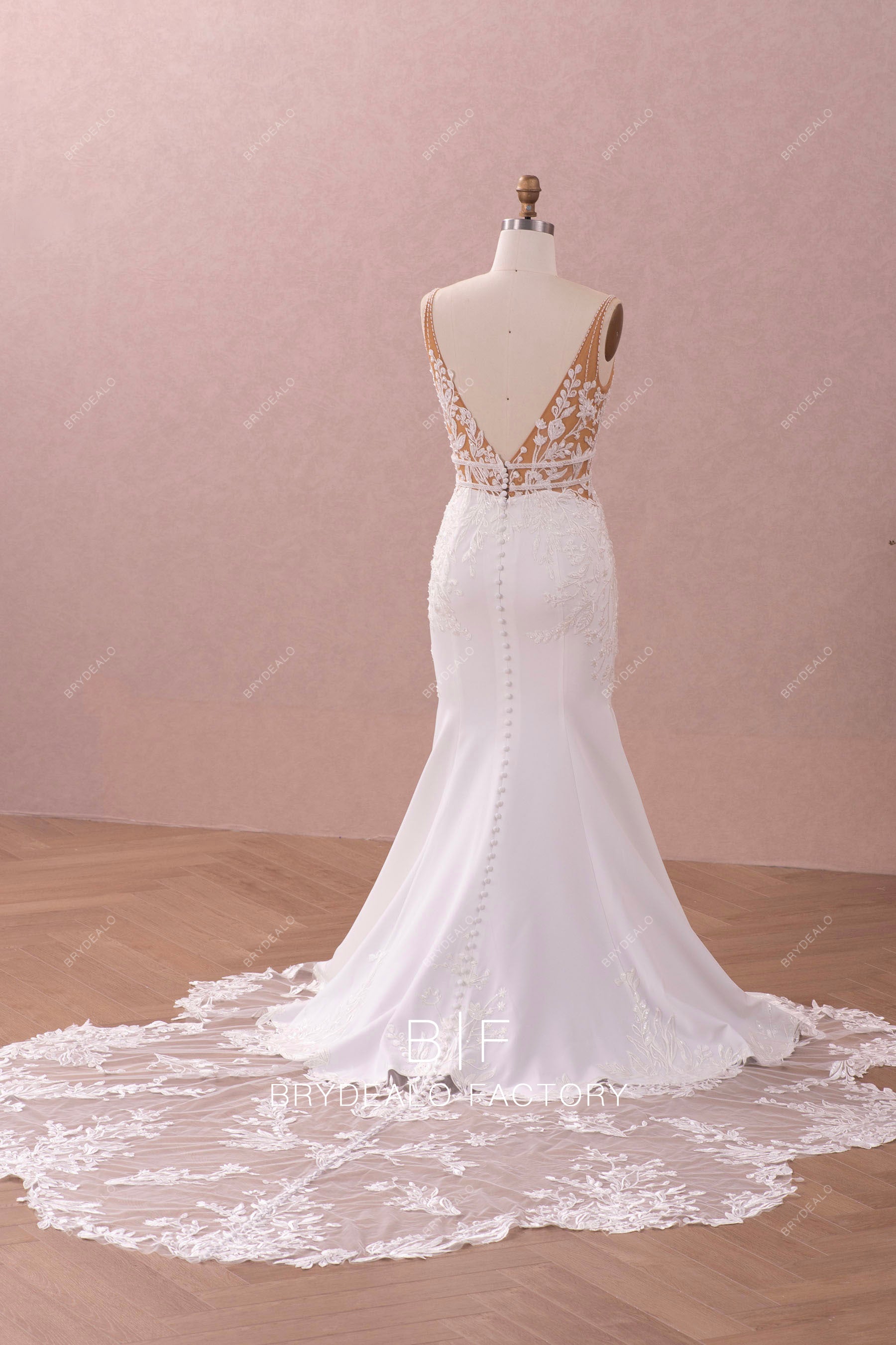 beaded lace open back crepe long wedding gown
