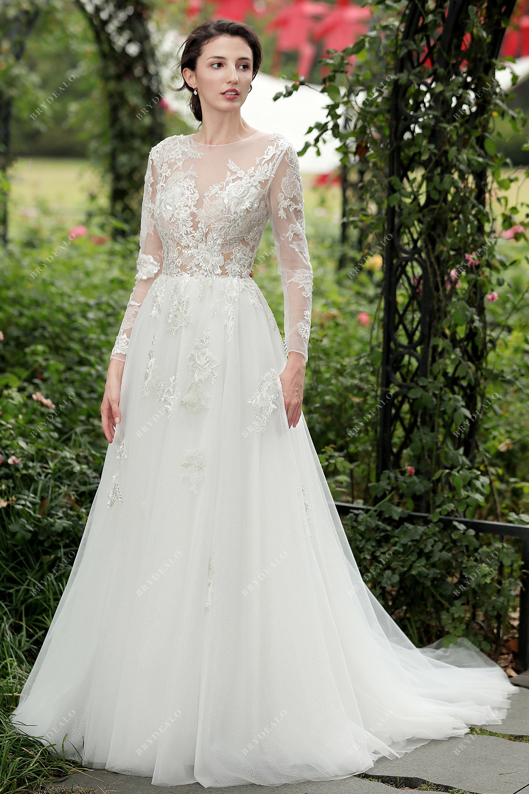beaded lace sleeved A-line bridal gown