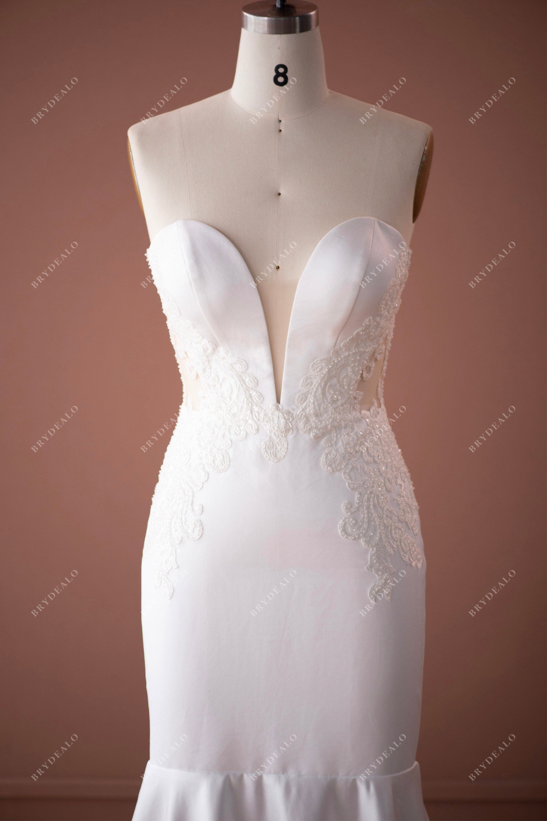 beaded lace strapless plunging neck bridal dress