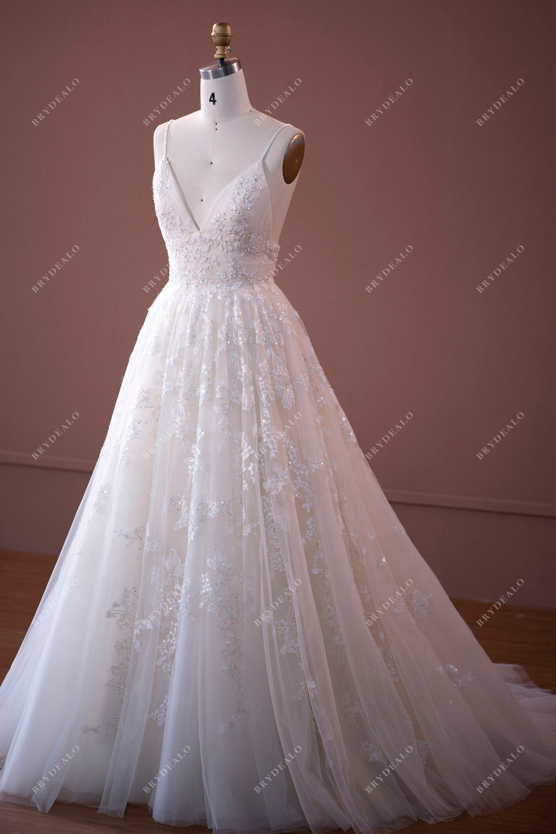 Sleeveless Spaghetti Strap Floral A-line Wedding Dress