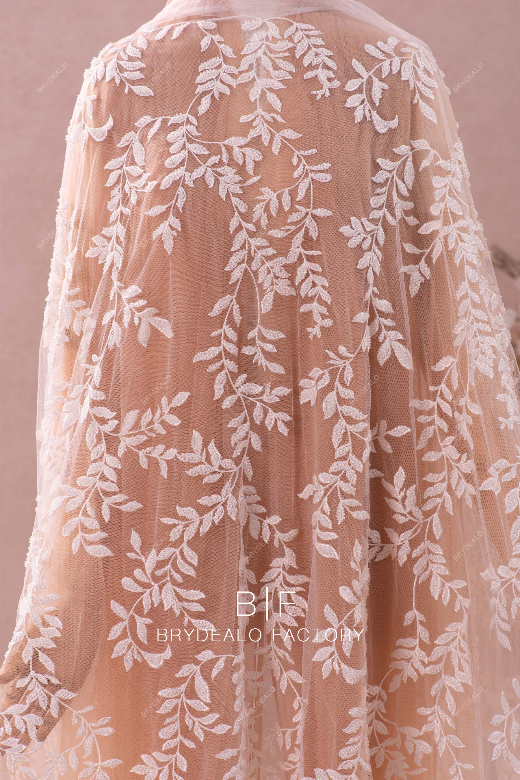 beaded leaf motif lace fabric