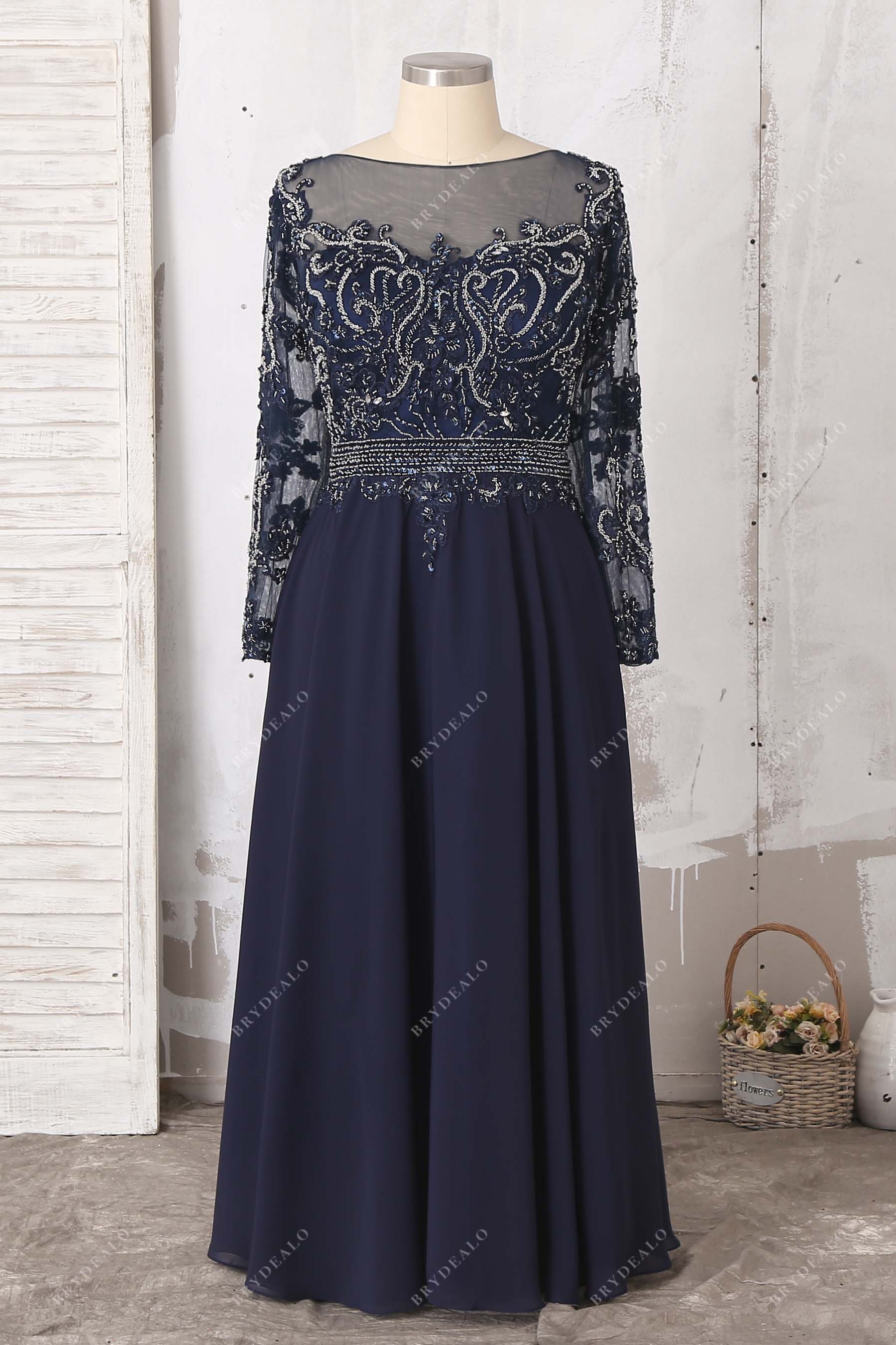 beaded navy chiffon illusion prom gown