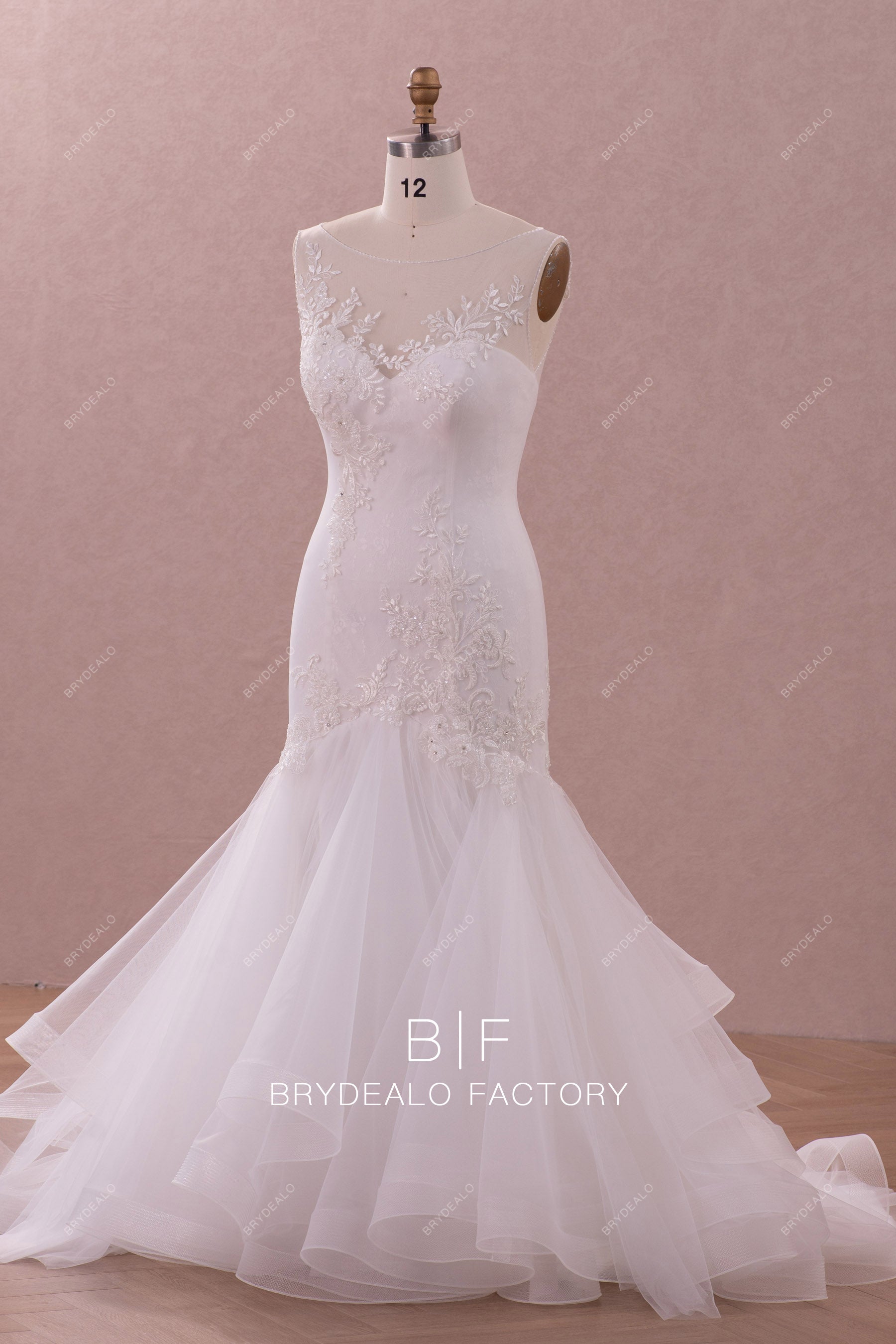 beaded neck flower lace fit flare wedding gown