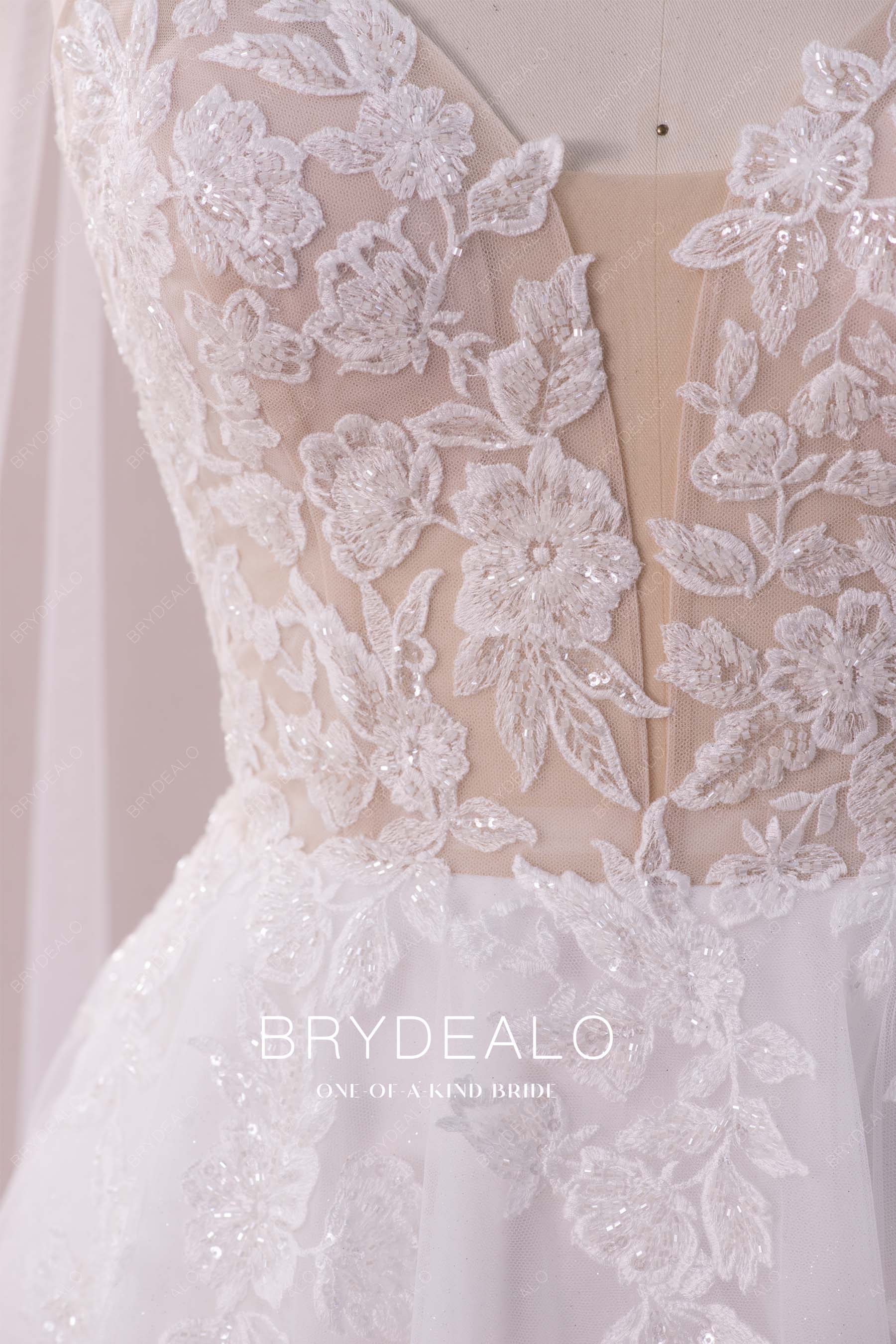 beaded lace plunging wedding gown