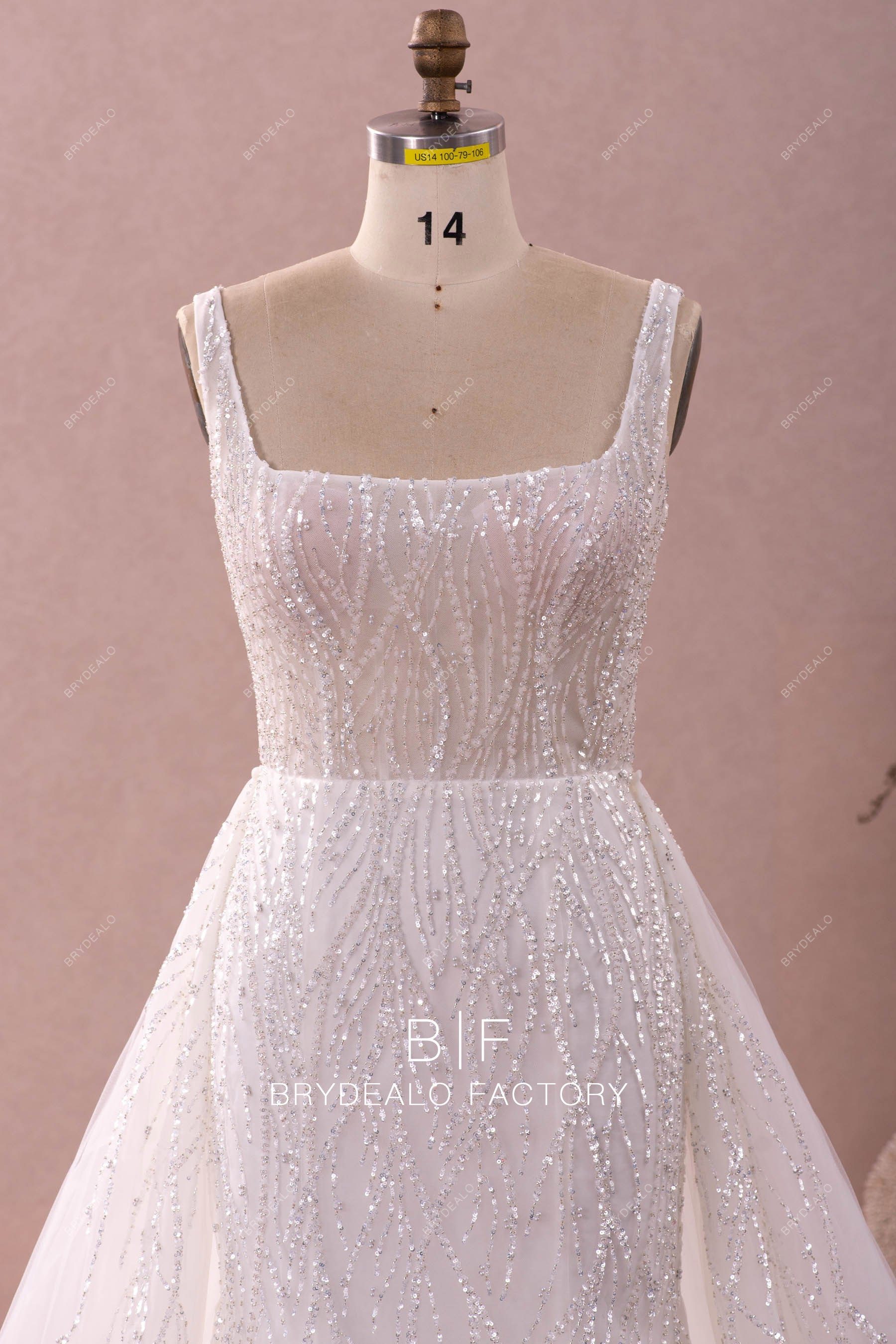 beaded square neck wedding dress