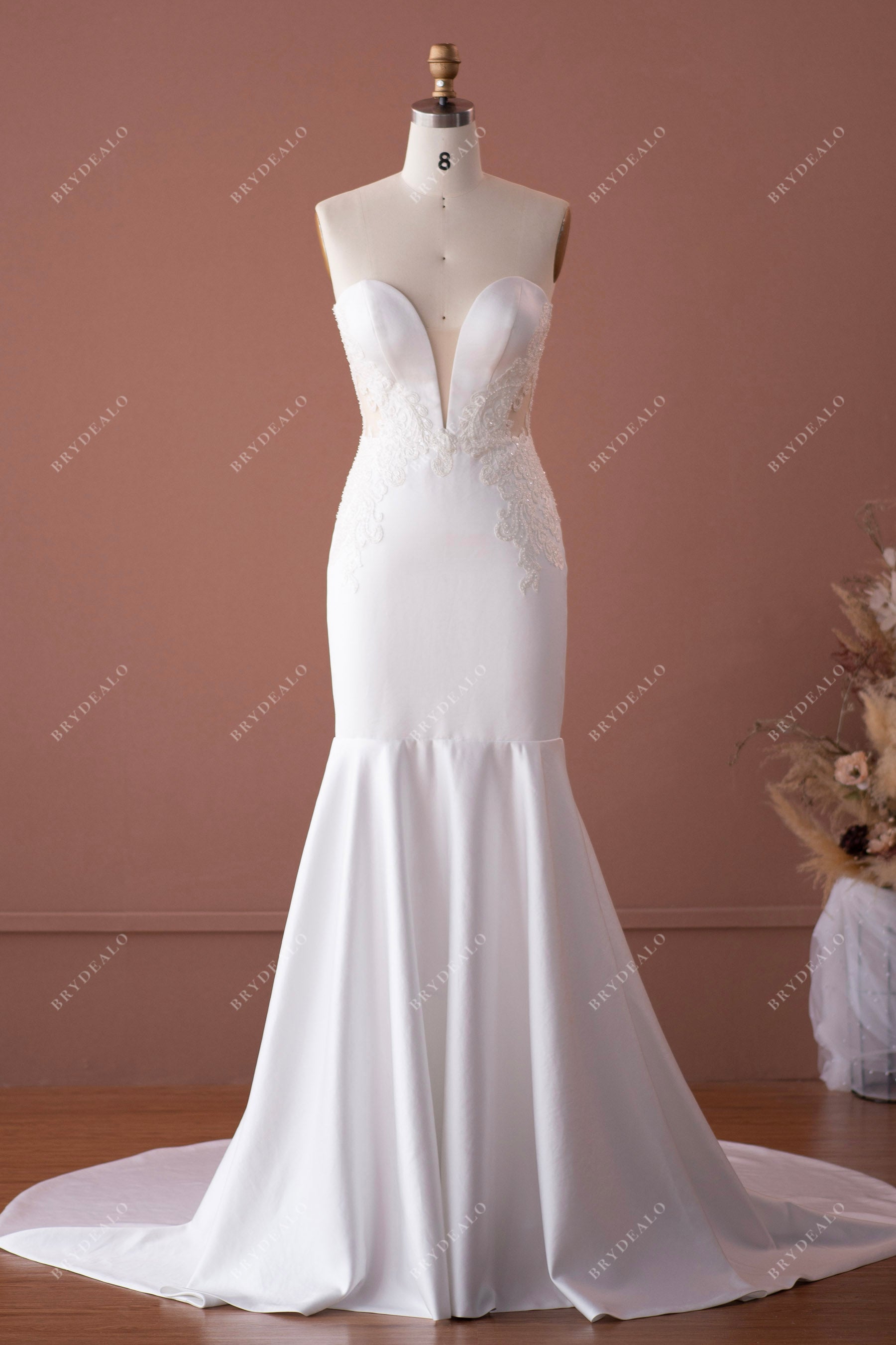 beaded lace appliqued satin strapless plunging neck mermaid wedding dress
