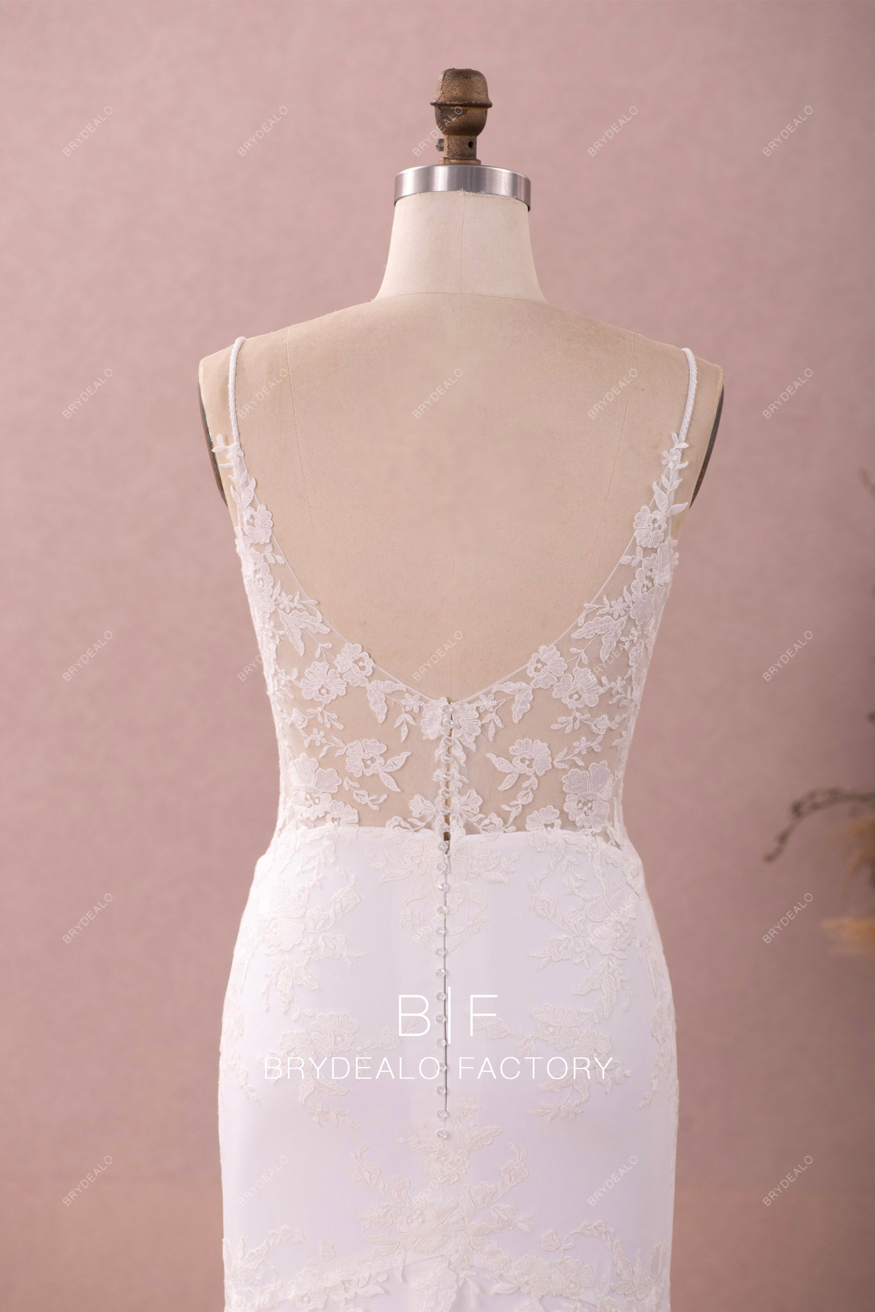 beaded straps illusion back lace wedding gown