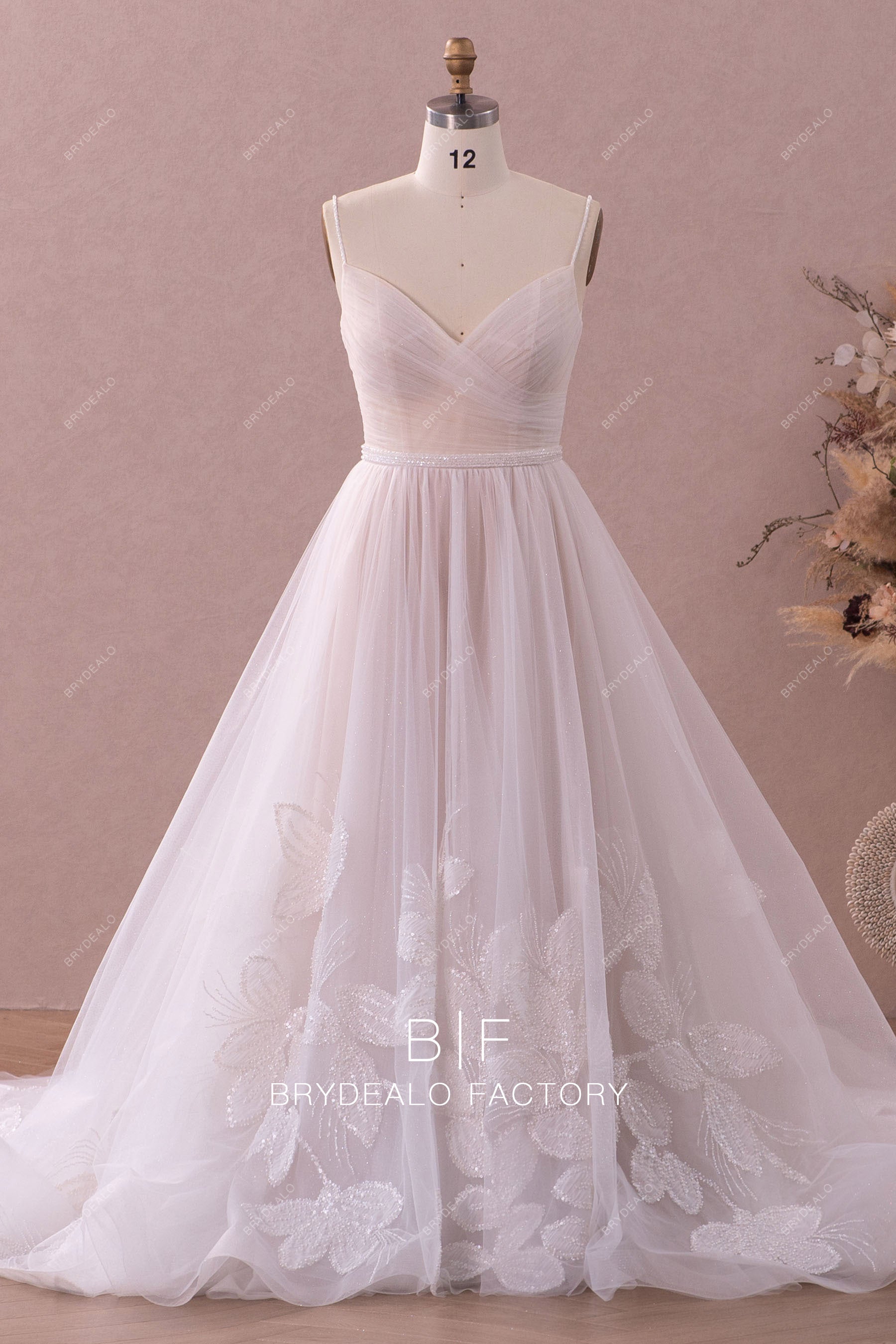 beaded straps lace A-line wedding dress