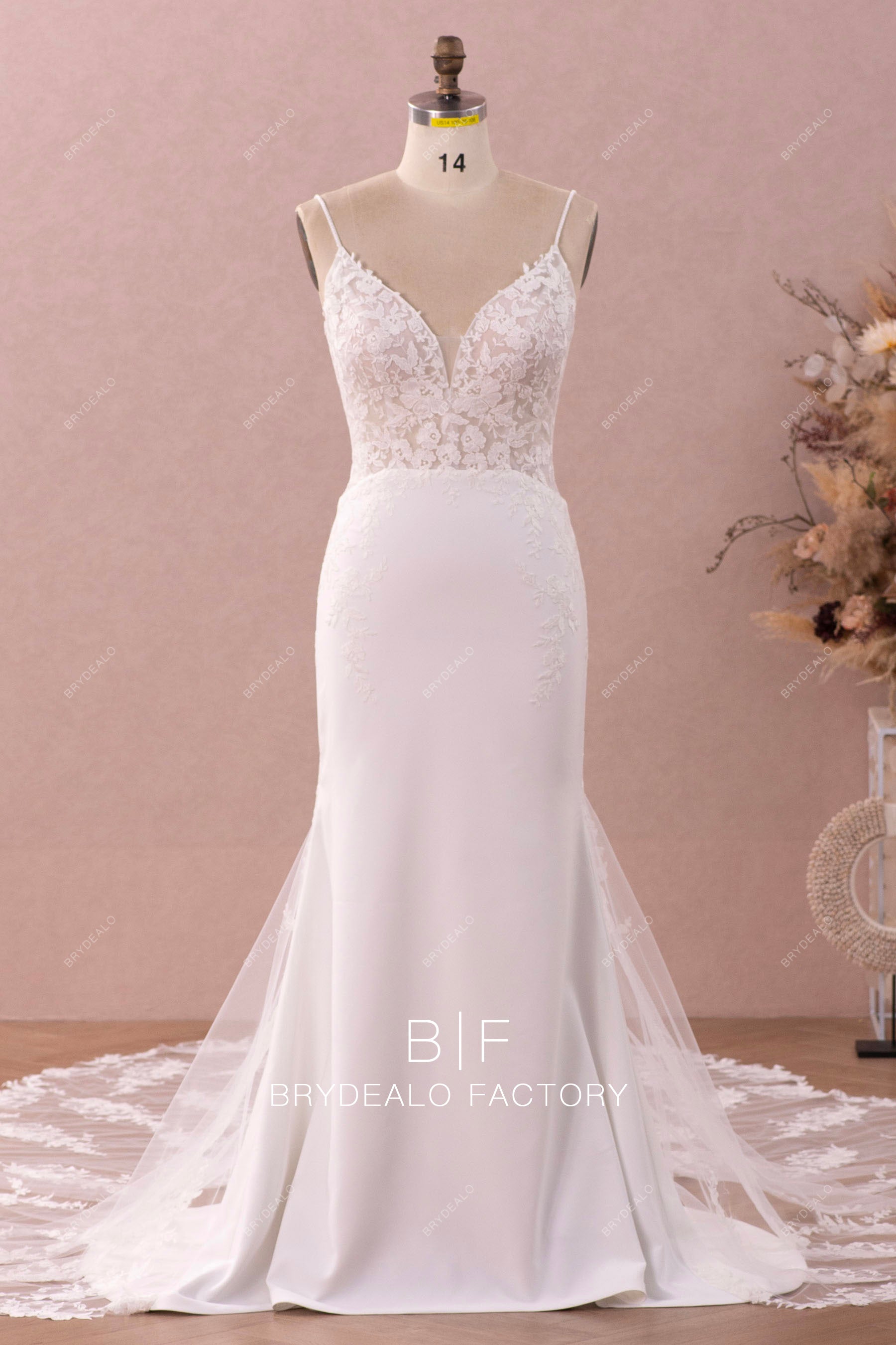 beaded straps lace crepe wedding dress