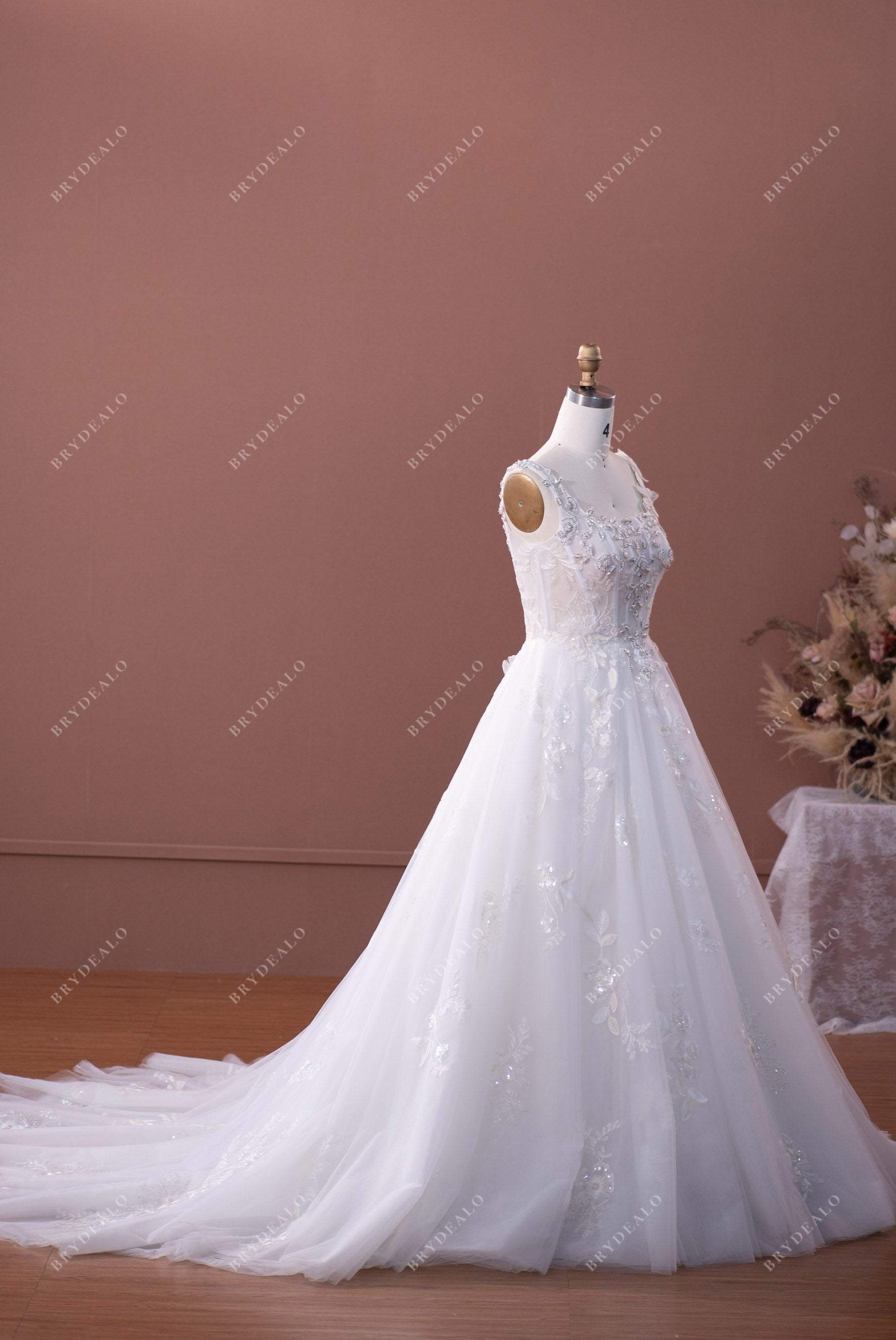 beaded straps lace puffy tulle long bridal gown