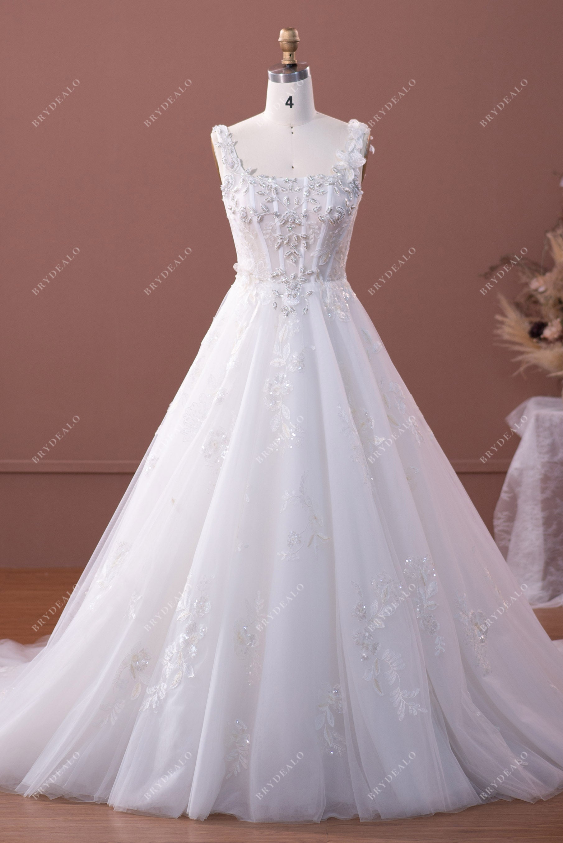 beaded straps lace puffy tulle wedding dress