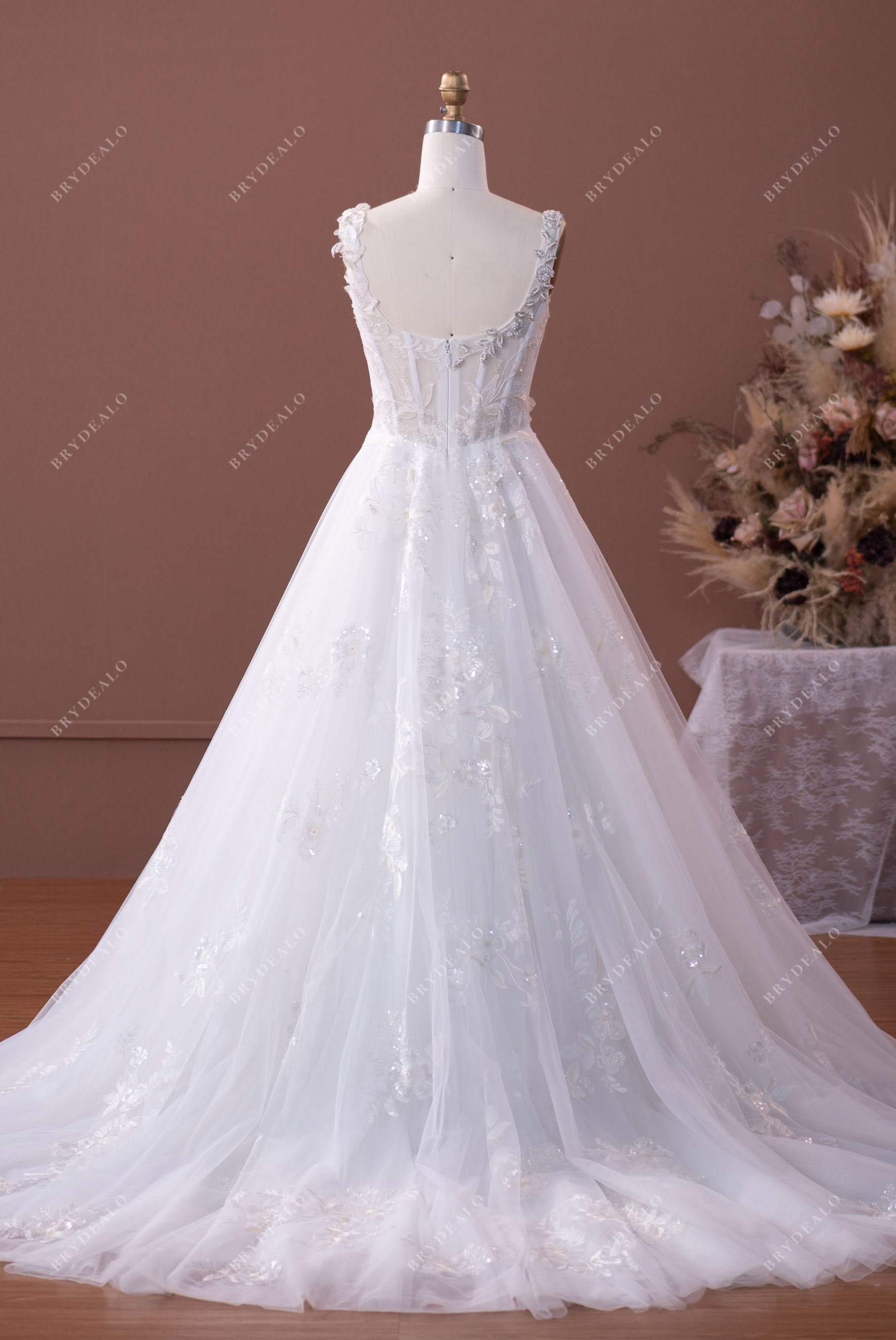 beaded straps lace puffy tulle wedding gown